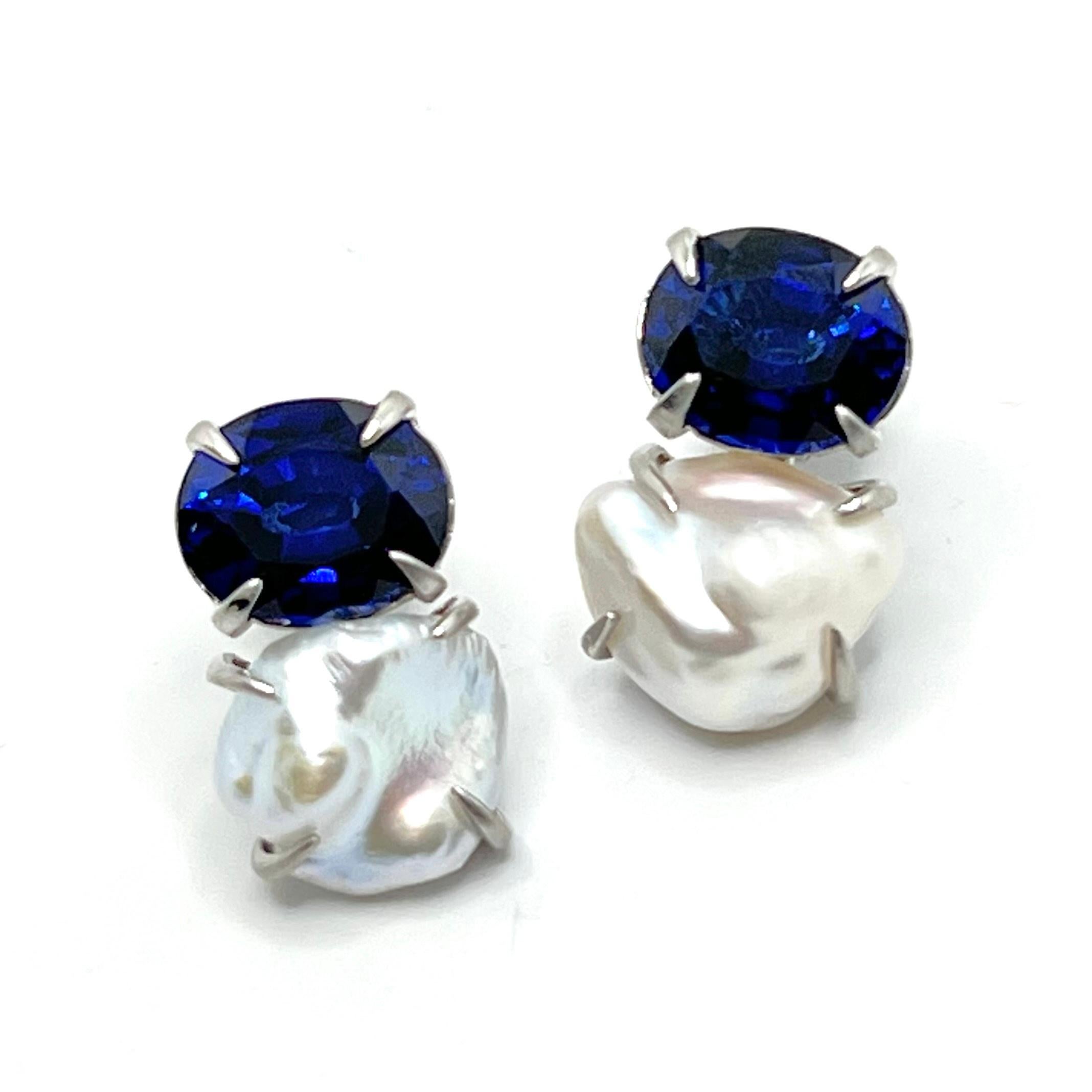 Contemporary Bijoux Num Oval Blue Sapphire and Keishi Pearl Earrings For Sale