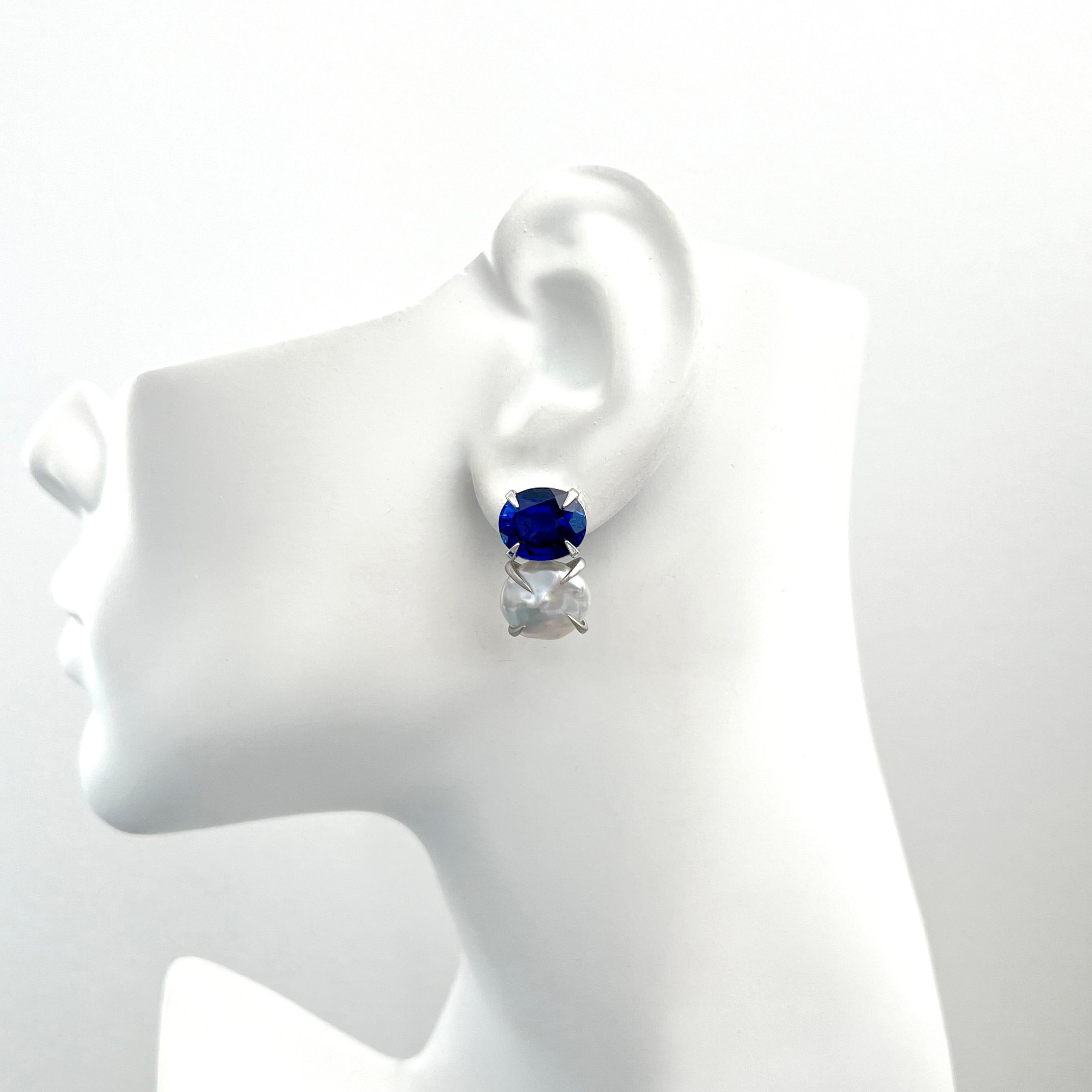 Oval Cut Bijoux Num Oval Blue Sapphire and Keishi Pearl Earrings For Sale