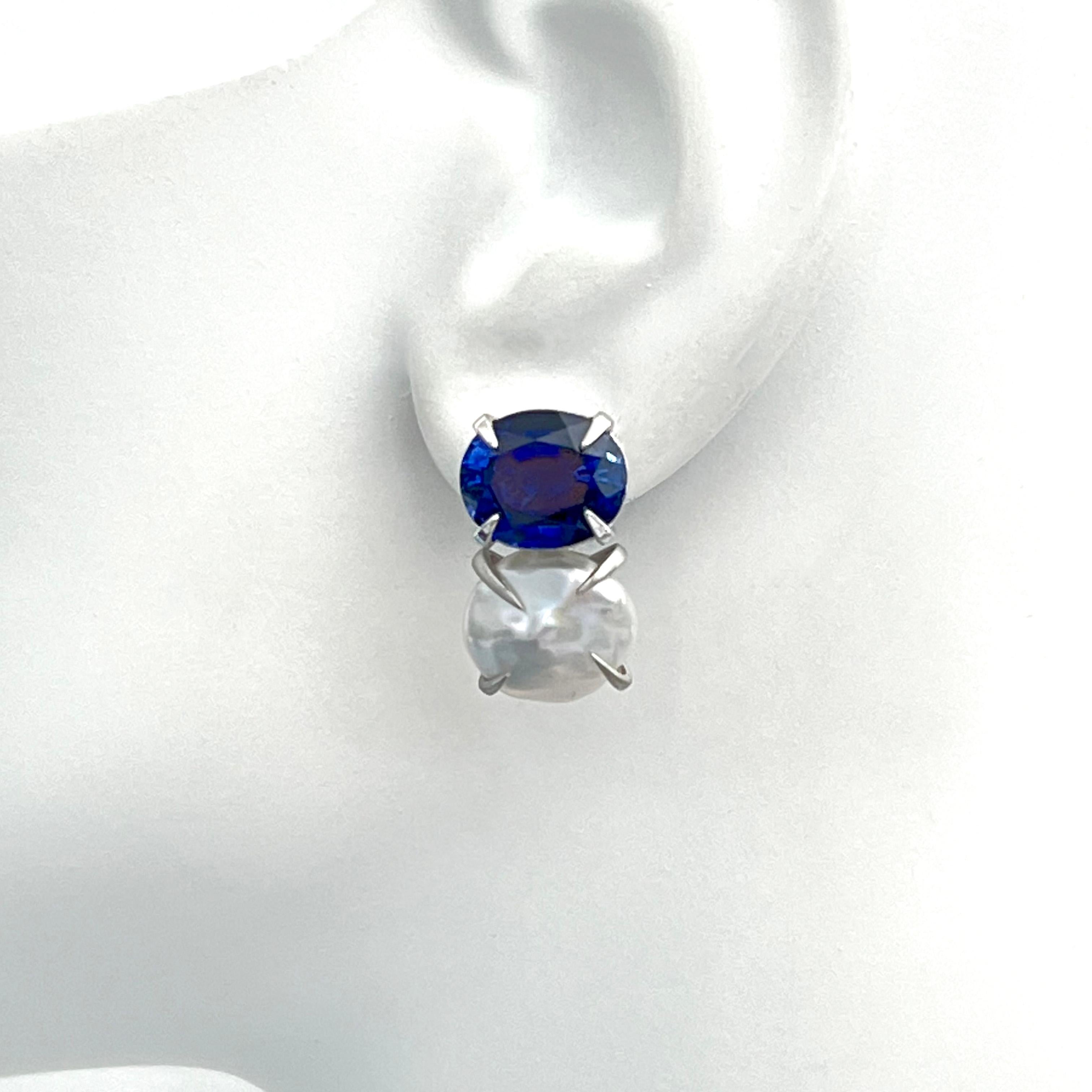 Bijoux Num Oval Blue Sapphire and Keishi Pearl Earrings In New Condition For Sale In Los Angeles, CA
