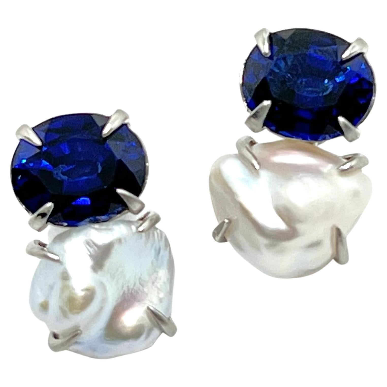 Bijoux Num Oval Blue Sapphire and Keishi Pearl Earrings For Sale