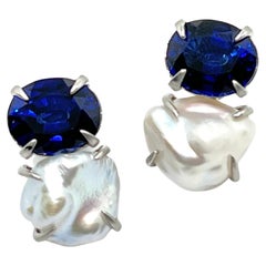 Bijoux Num Oval Blue Sapphire and Keishi Pearl Earrings