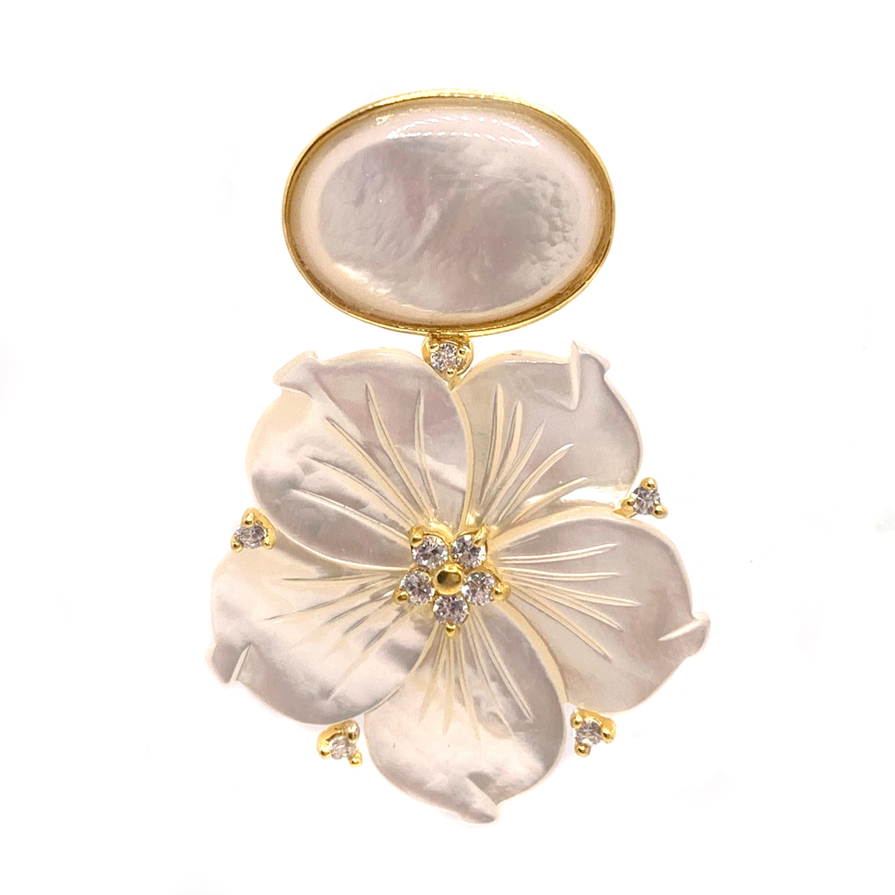 Stunning Oval Cabochon and Carved Flower Mother of Pearl Drop Vermeil Earrings

This gorgeous pair of earrings features oval cabochon-cut mother of pearl and beautifully carved white mother of pearl flower, adorned with round simulated diamond,
