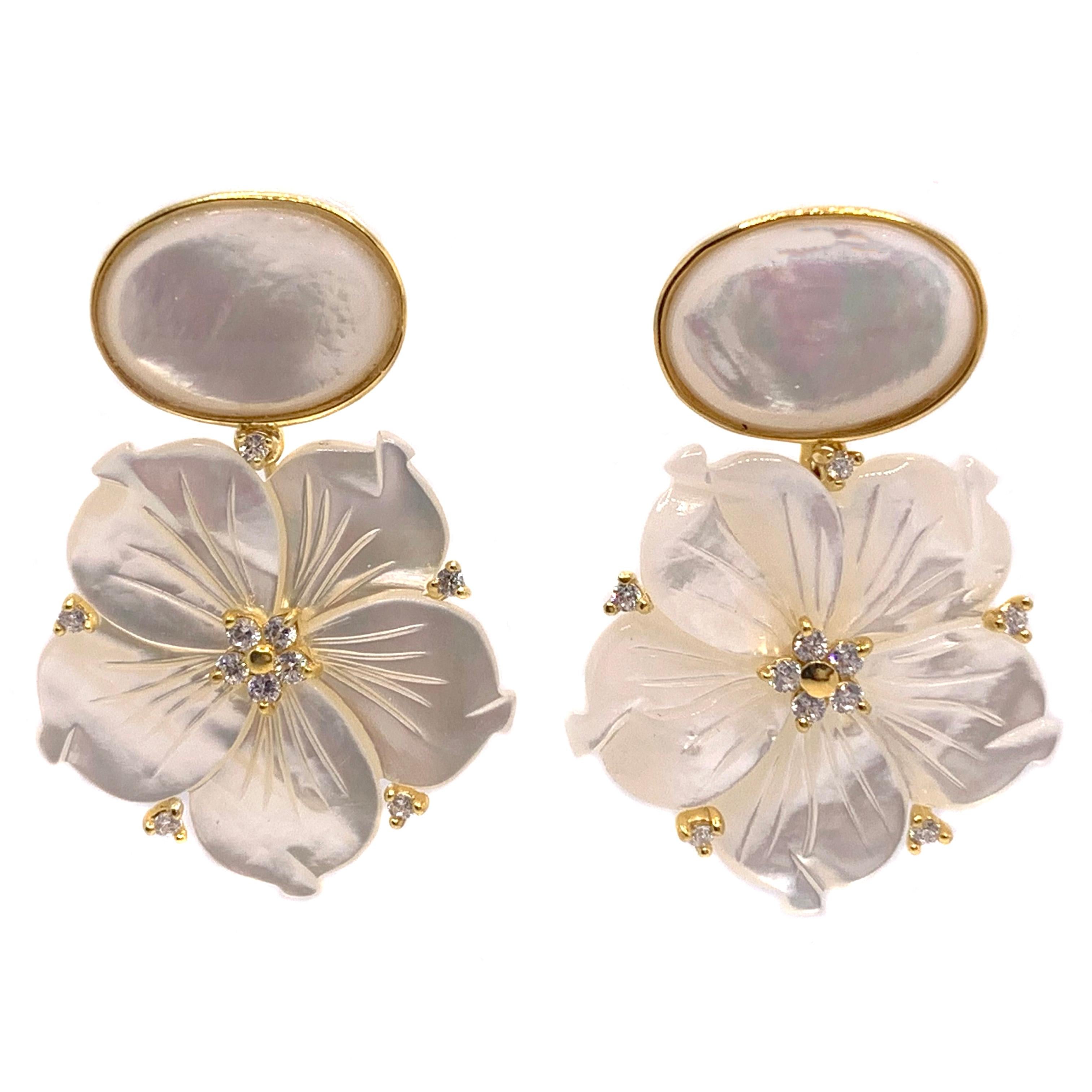 Artisan Bijoux Num Oval Cabochon and Carved Flower Mother of Pearl Drop Vermeil Earrings For Sale