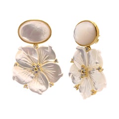 Bijoux Num Oval Cabochon and Carved Flower Mother of Pearl Drop Vermeil Earrings