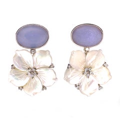 Bijoux Num Oval Chalcedony and Carved Mother of Pearl Flower Drop Earrings