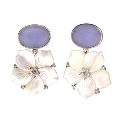 Bijoux Num Oval Chalcedony and Carved Mother of Pearl Flower Drop Earrings