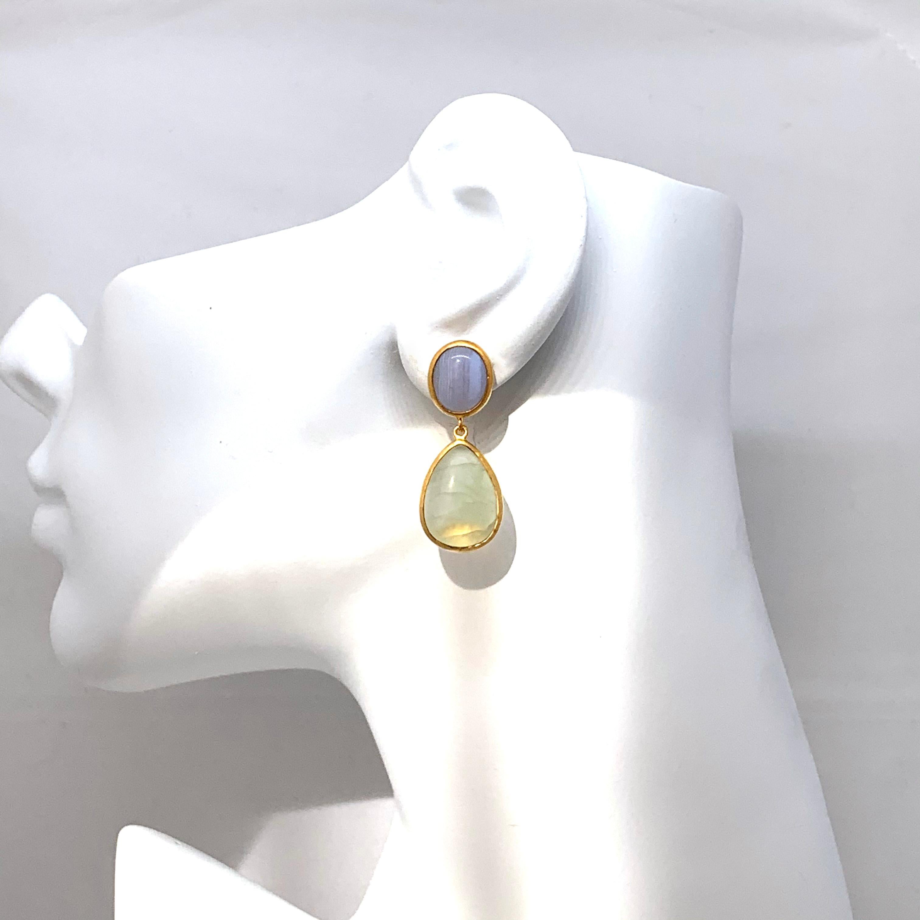 Contemporary Bijoux Num Oval Chalcedony and Pear Shape Prehnite Vermeil Drop Earrings For Sale