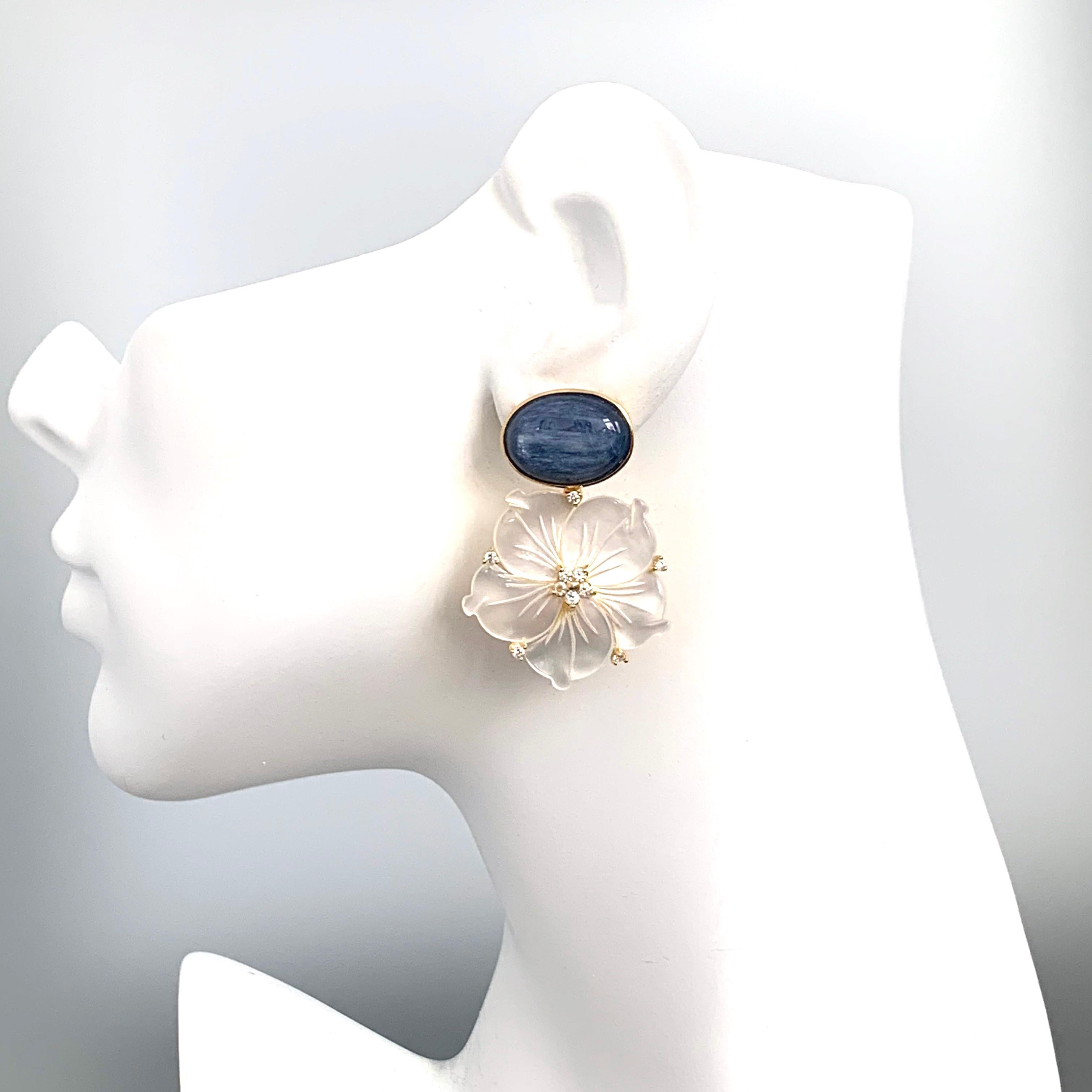 Artisan Bijoux Num Oval Kyanite and Carved Mother of Pearl Flower Drop Vermeil Earrings