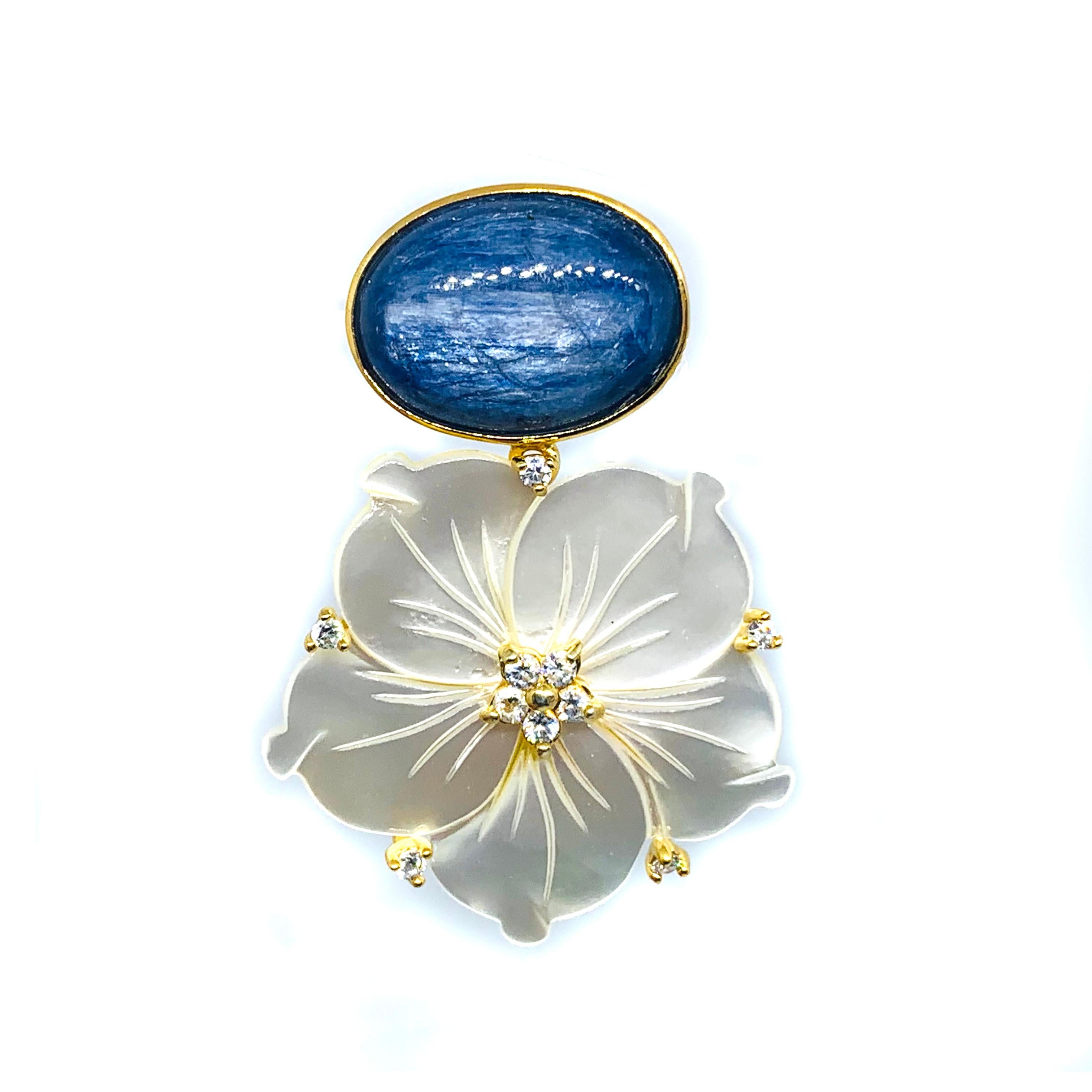Bijoux Num Oval Kyanite and Carved Mother of Pearl Flower Drop Vermeil Earrings In New Condition In Los Angeles, CA
