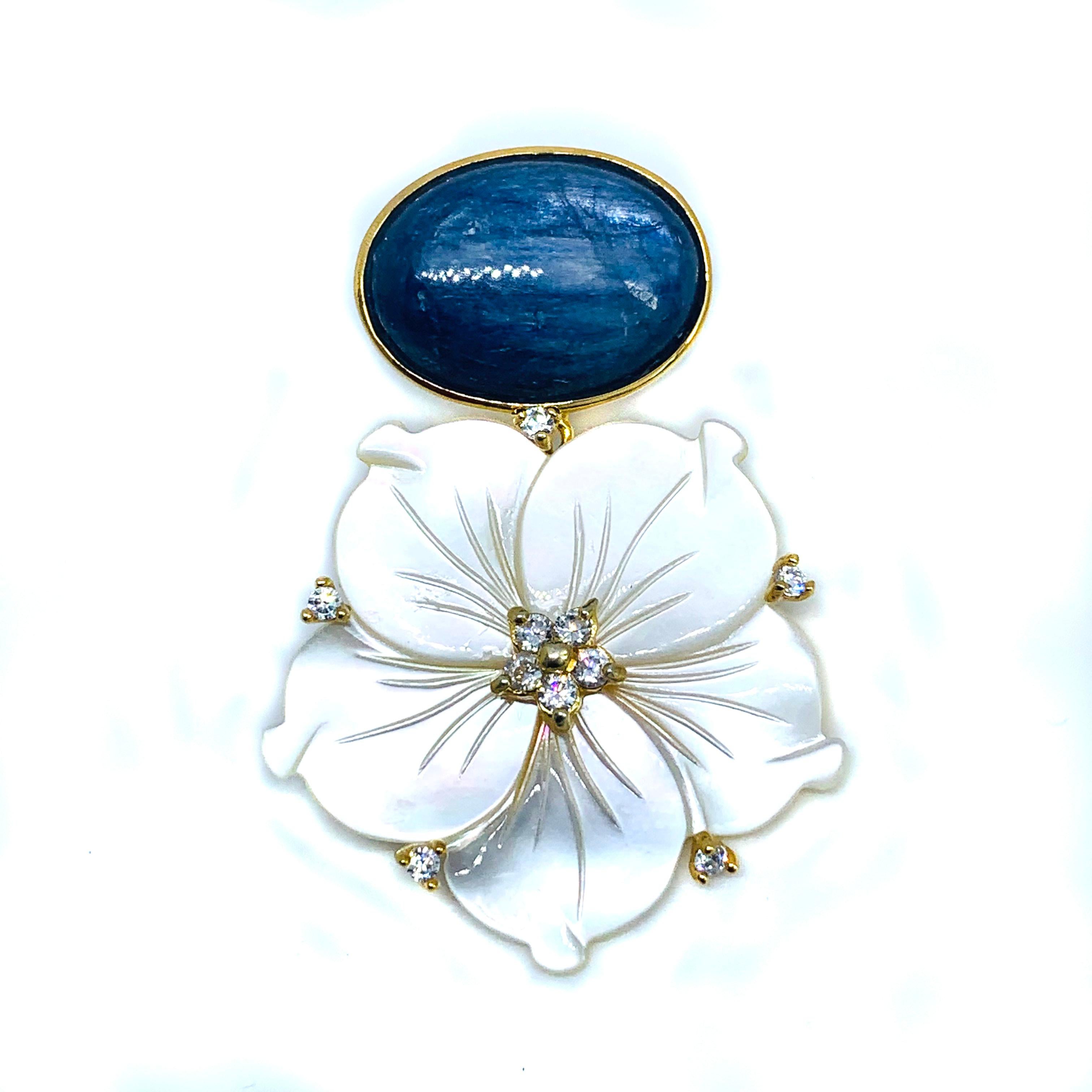 Artisan Bijoux Num Oval Kyanite and Carved Mother of Pearl Flower Drop Vermeil Earrings For Sale