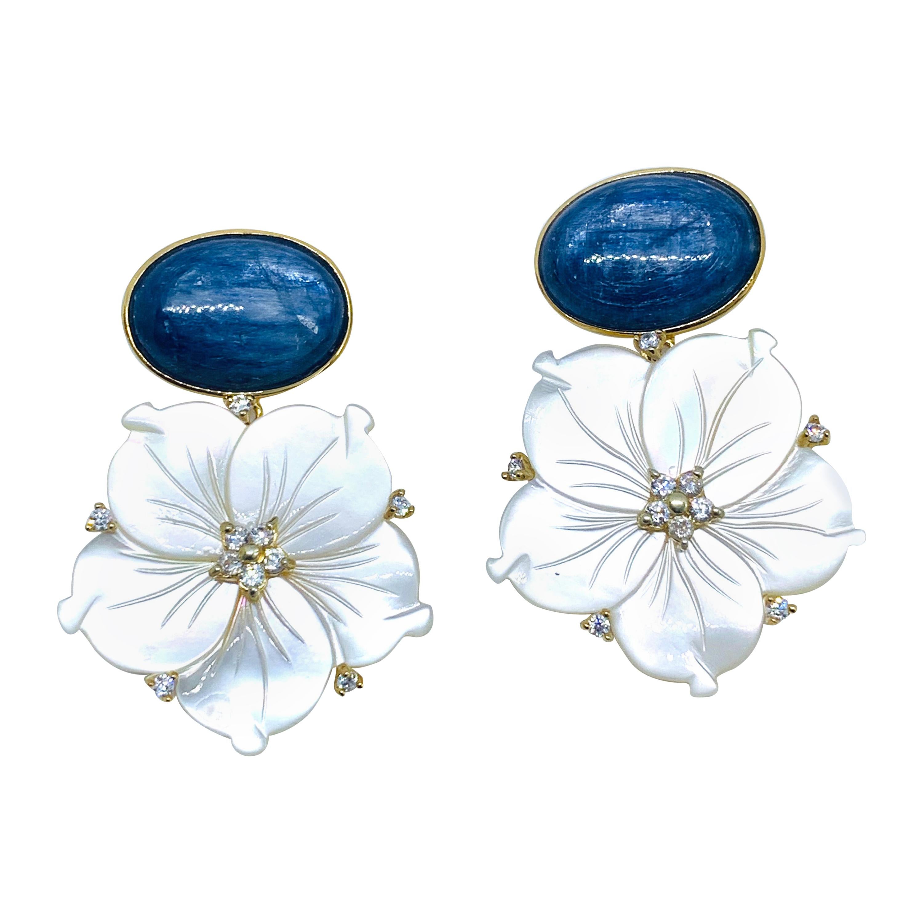 Bijoux Num Oval Kyanite and Carved Mother of Pearl Flower Drop Vermeil Earrings