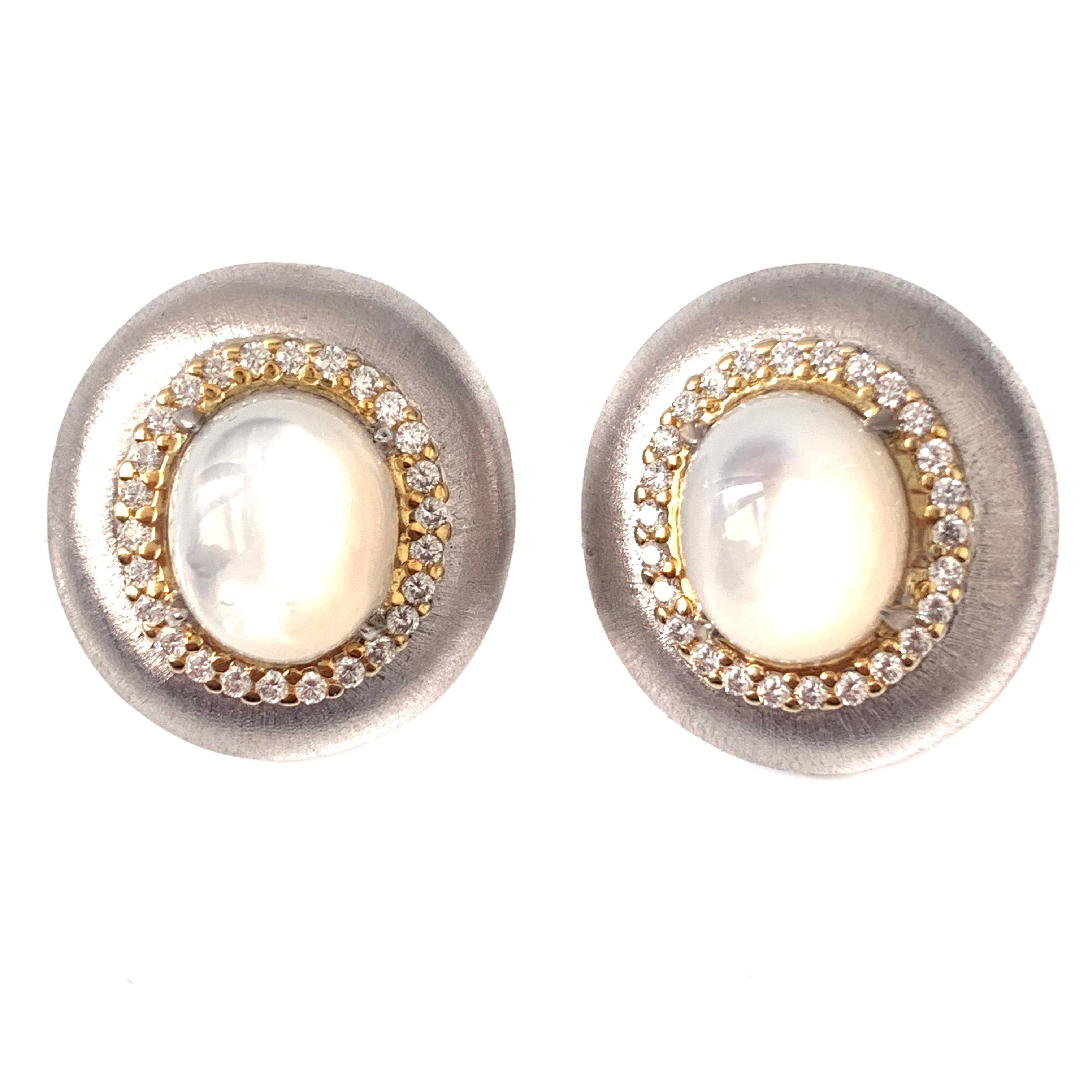 Two-tone Sterling Silver Oval Mother of Pearl Oval Button Clip-on Earrings

The earrings features lustrous oval cabochon cut mother of pearl and round faux diamond cz, handset in two-tone platinum rhodium & 18k gold plated sterling silver, and