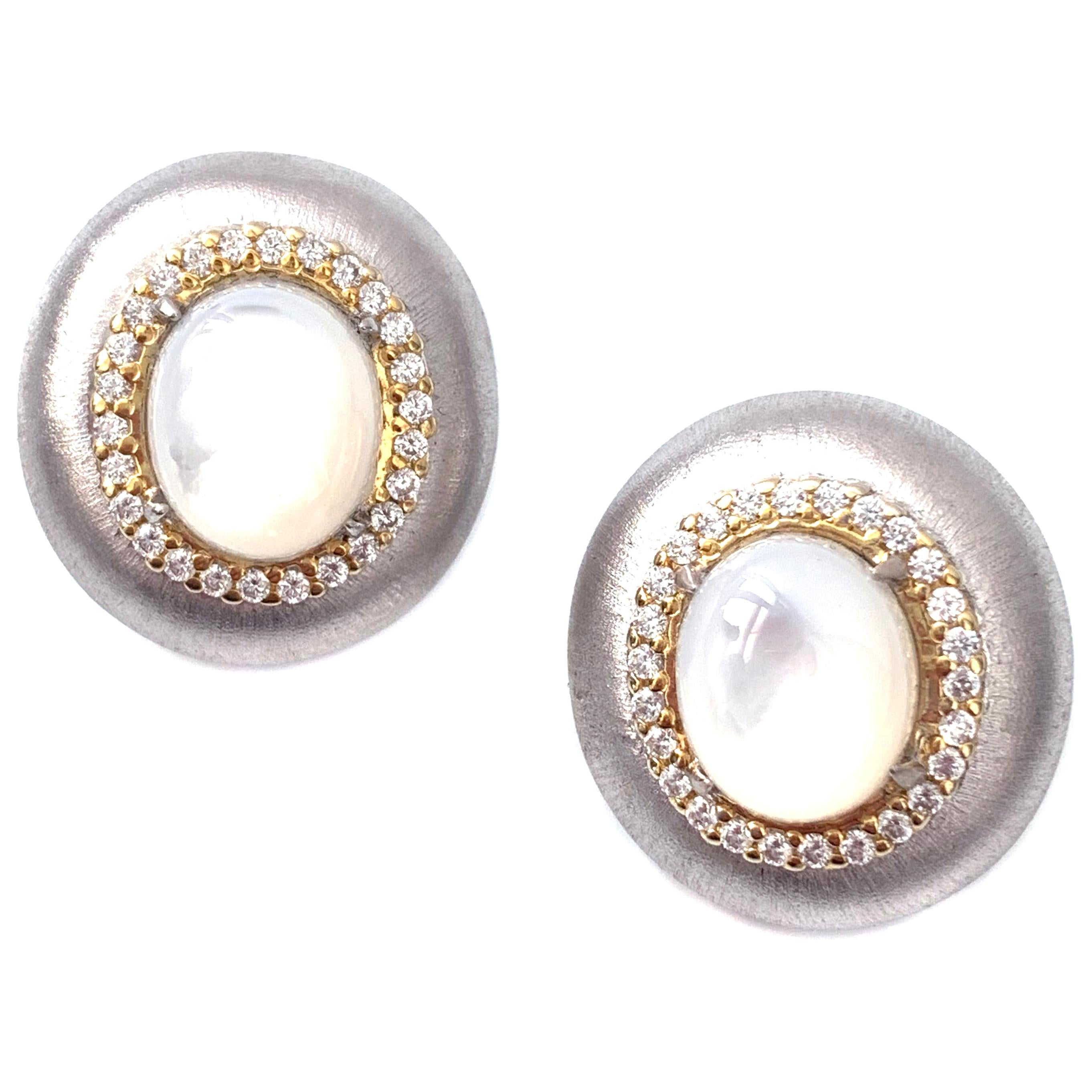 Two-tone Sterling Silver Oval Mother of Pearl Oval Button Clip-on Earrings