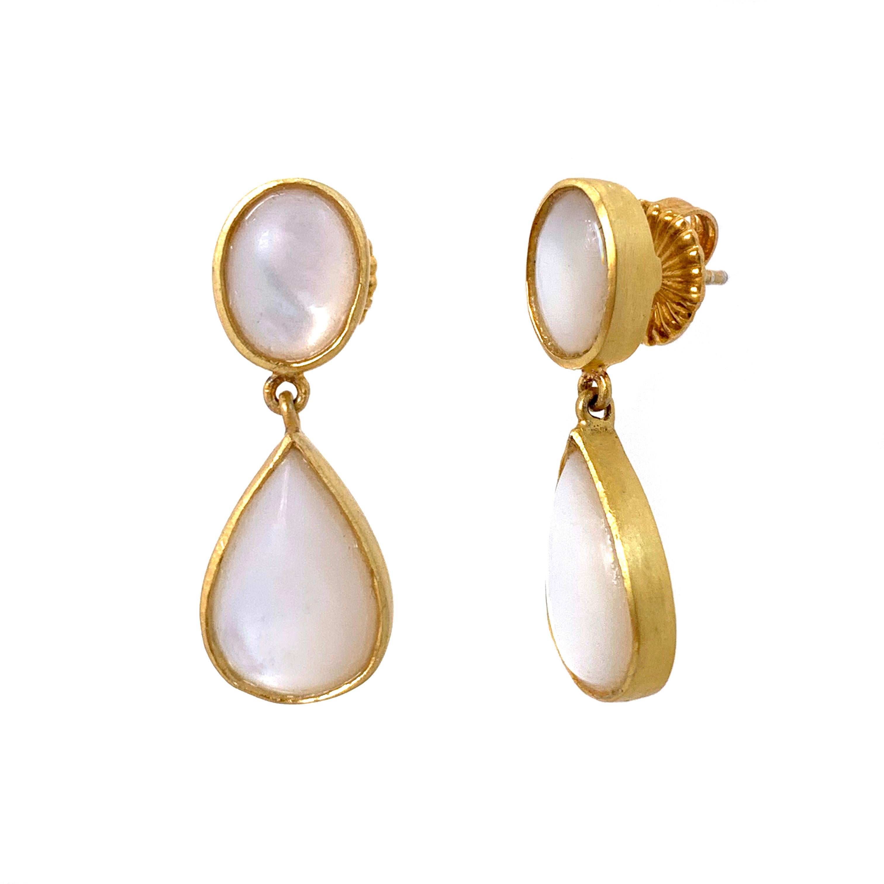 Discover this Oval and Pear Shape Mother of Pearl Vermeil Drop Earrings - all in Cabochon cut - hand set in 18k gold vermeil over sterling silver with matte finish. Straight post with large friction earring back for comfort and safety. The post is