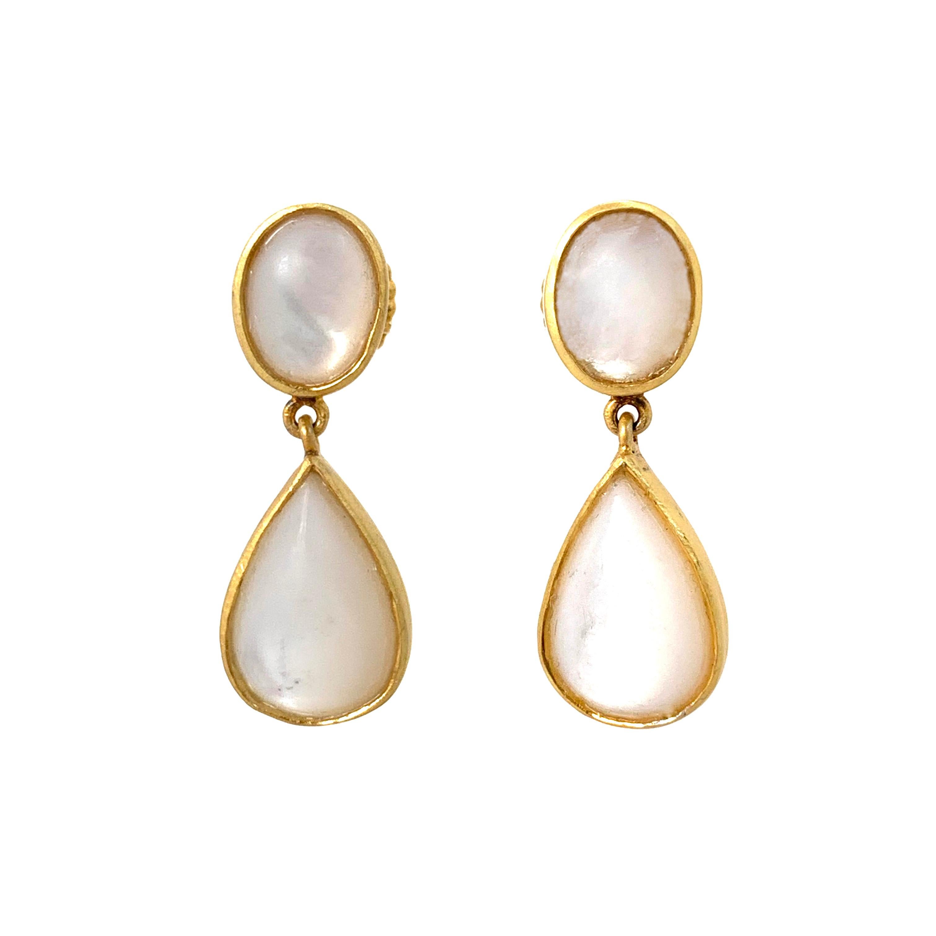 Contemporary Bijoux Num Oval & Pear Shape Mother of Pearl Vermeil Drop Earrings