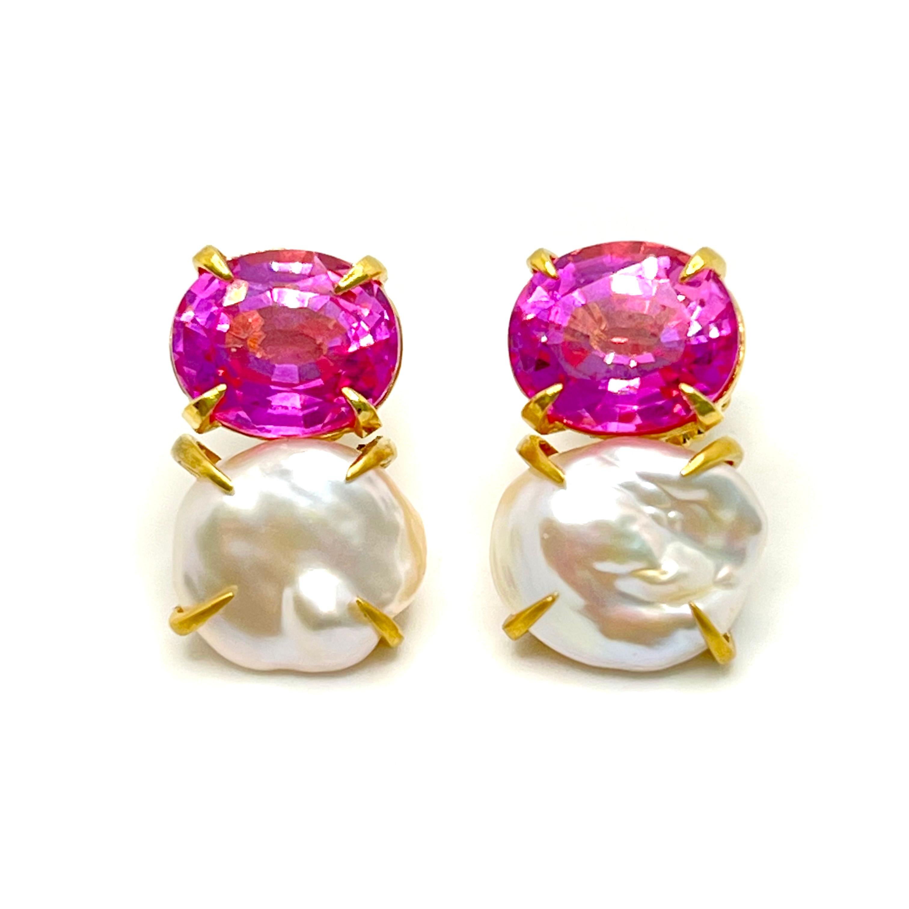 Bijoux Num Oval Pink Sapphire and Keishi Pearl Vermeil Earrings. 

The stunning pair of earrings feature beautiful lab-created pink sapphire and lustrous cultured Japanese Keishi pearl, handset in 18k gold vermeil over sterling silver and brush