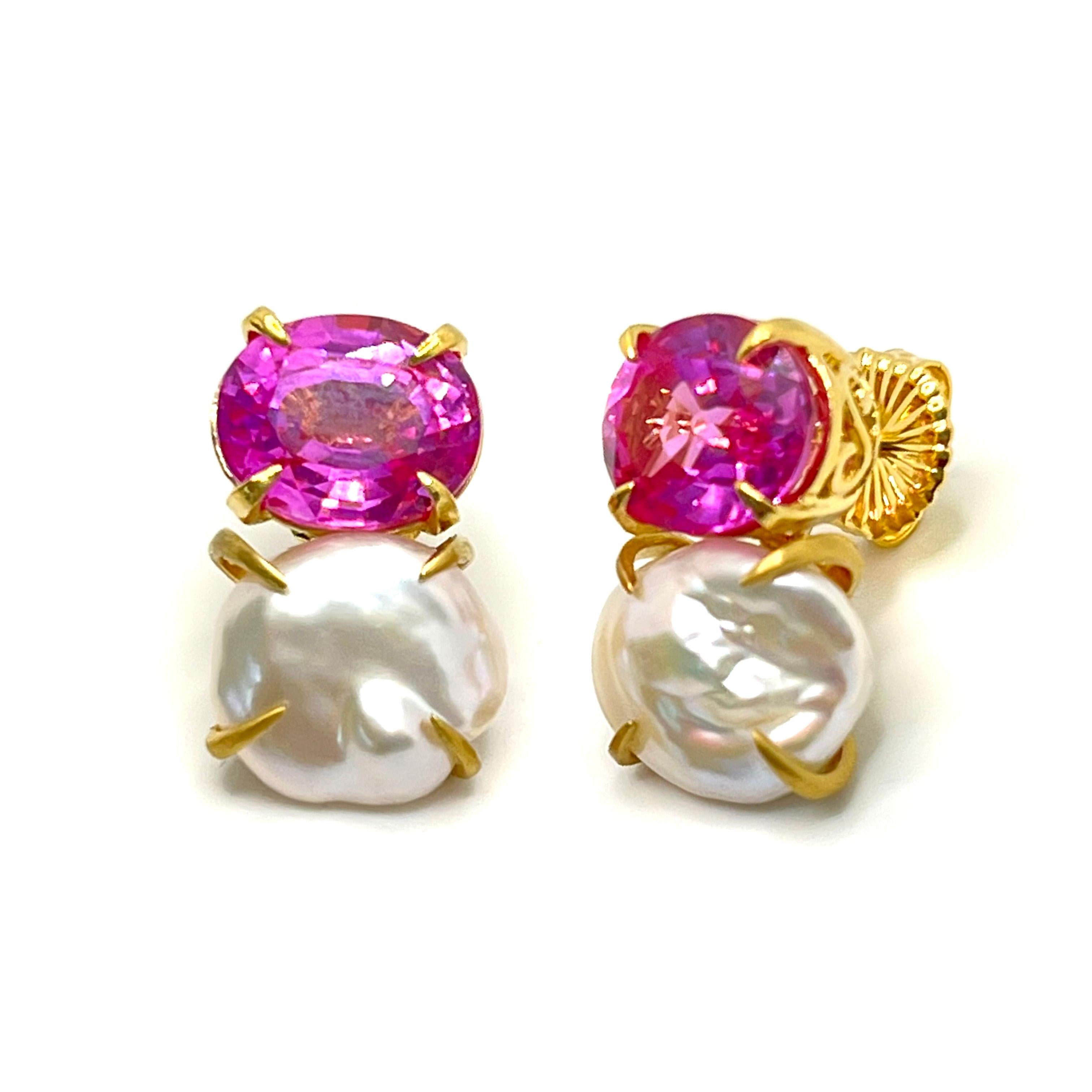 Contemporary Bijoux Num Oval Pink Sapphire and Keishi Pearl Vermeil Earrings For Sale