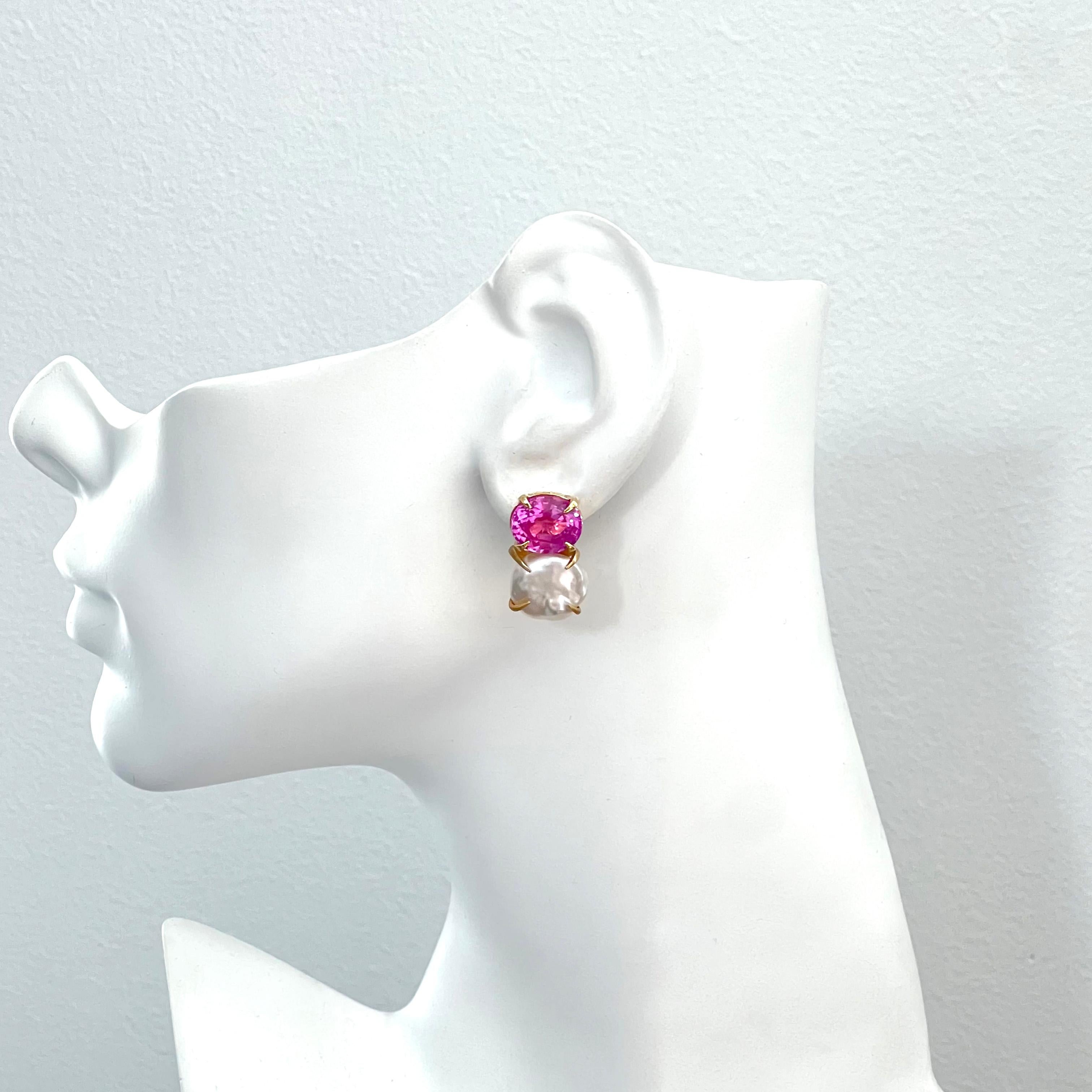 Women's Bijoux Num Oval Pink Sapphire and Keishi Pearl Vermeil Earrings For Sale