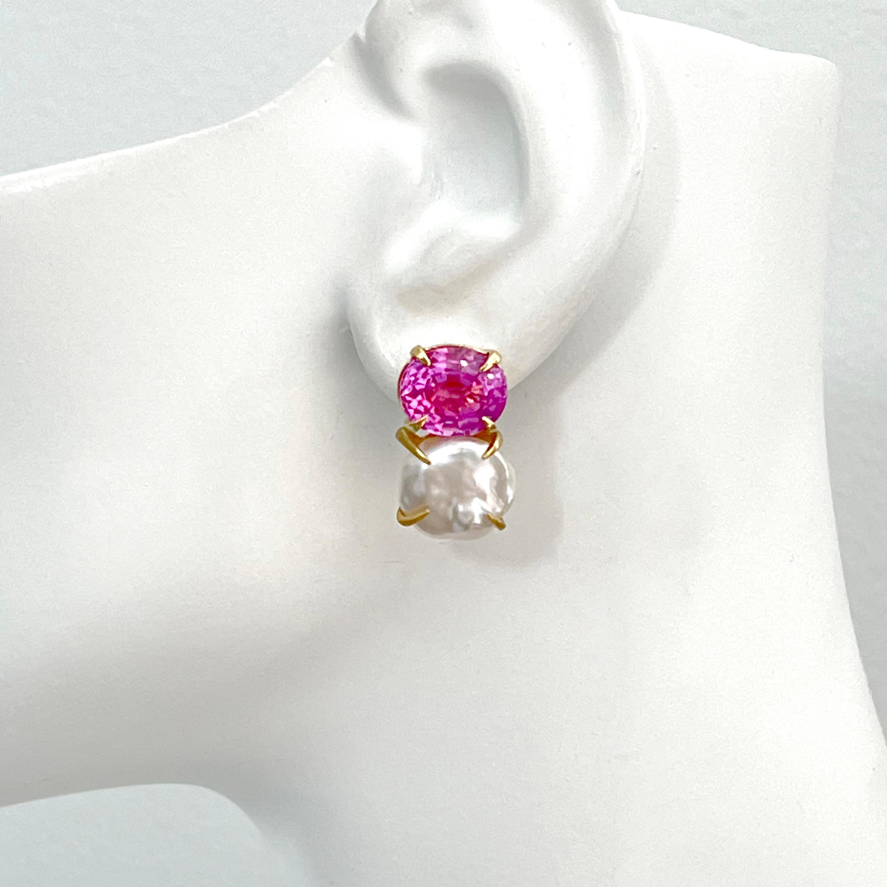 Bijoux Num Oval Pink Sapphire and Keishi Pearl Vermeil Earrings For Sale 1