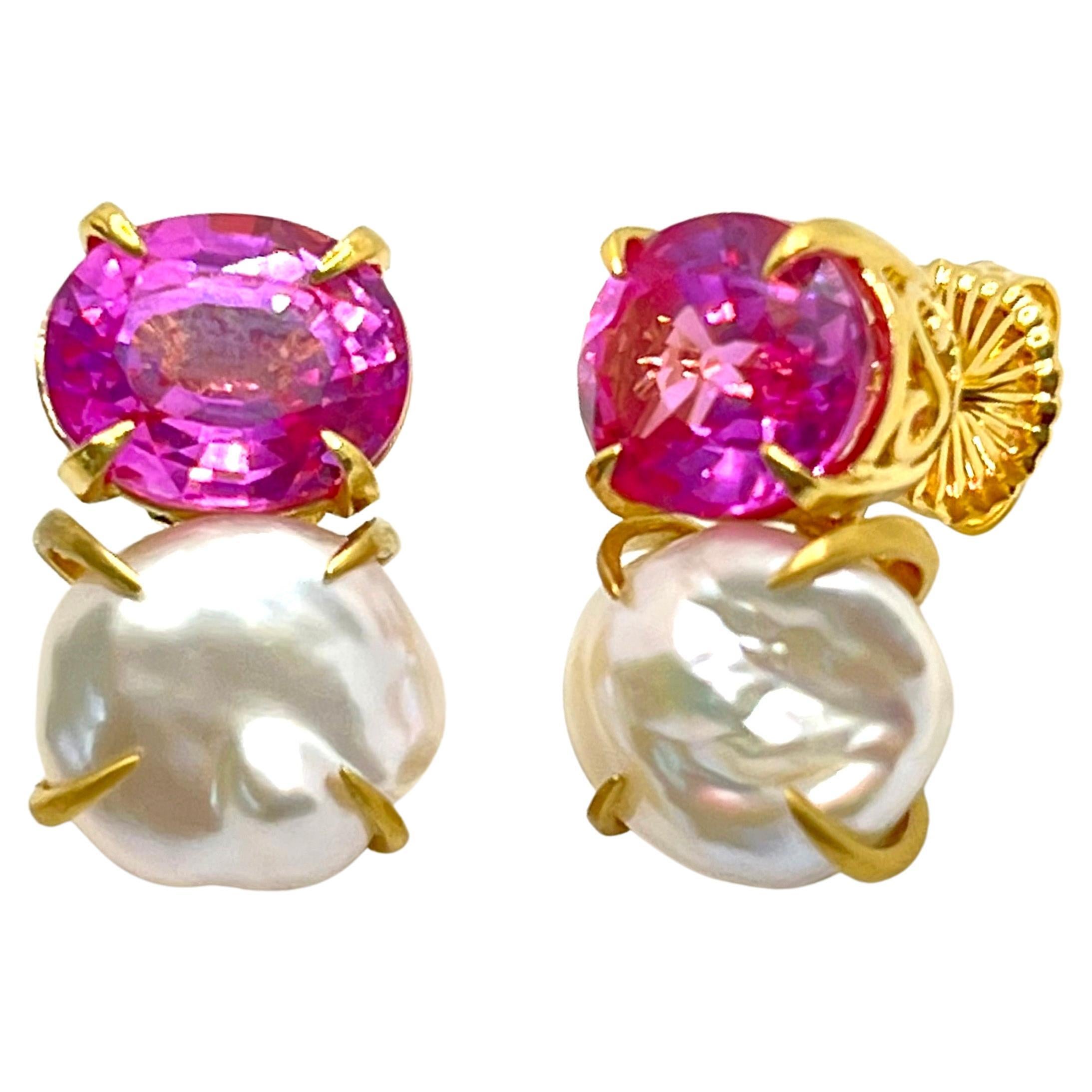 Bijoux Num Oval Pink Sapphire and Keishi Pearl Vermeil Earrings