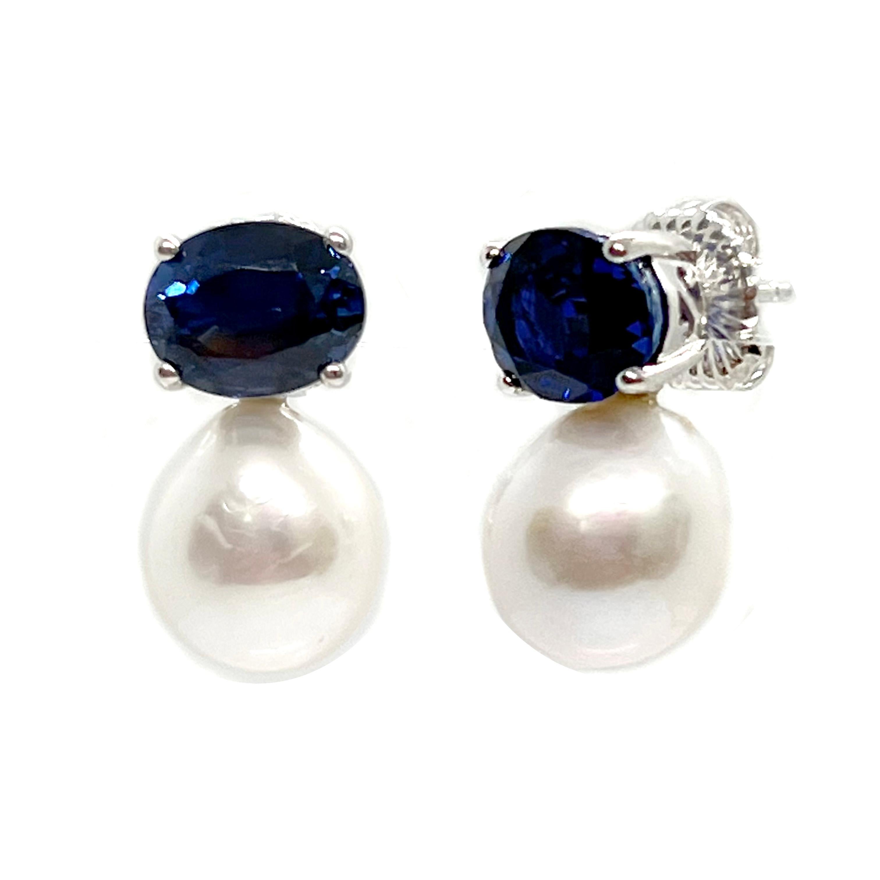 Contemporary Bijoux Num Oval Sapphire and Cultured Freshwater Pearl Drop Earrings