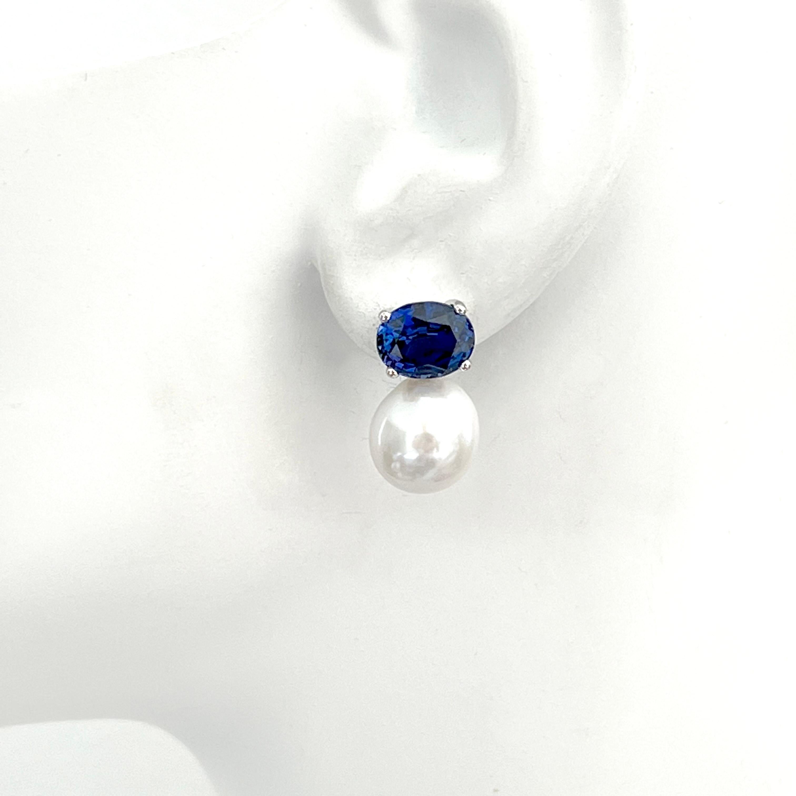 Oval Cut Bijoux Num Oval Sapphire and Cultured Freshwater Pearl Drop Earrings