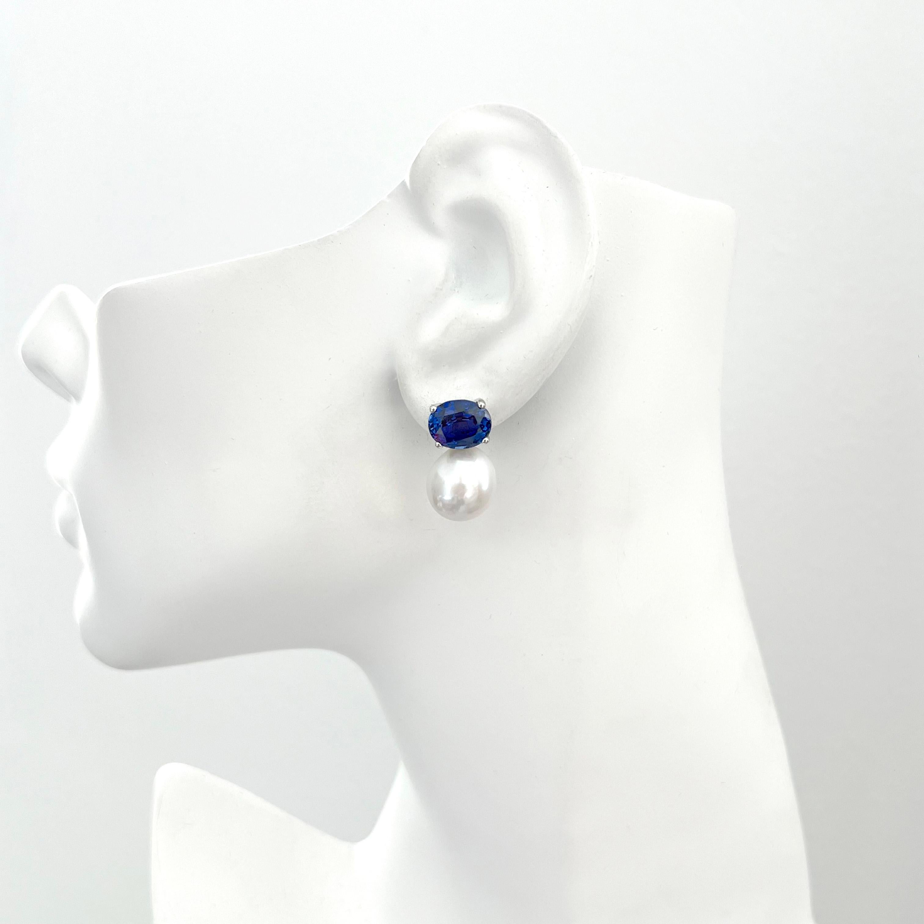 Bijoux Num Oval Sapphire and Cultured Freshwater Pearl Drop Earrings In New Condition In Los Angeles, CA