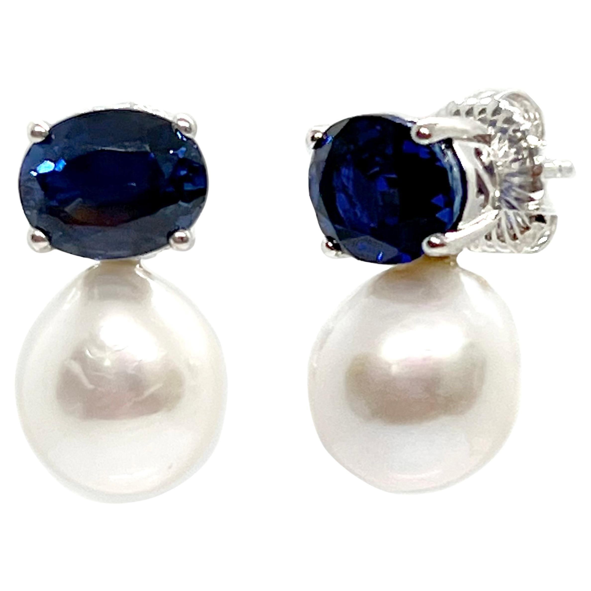 Bijoux Num Oval Sapphire and Cultured Freshwater Pearl Drop Earrings