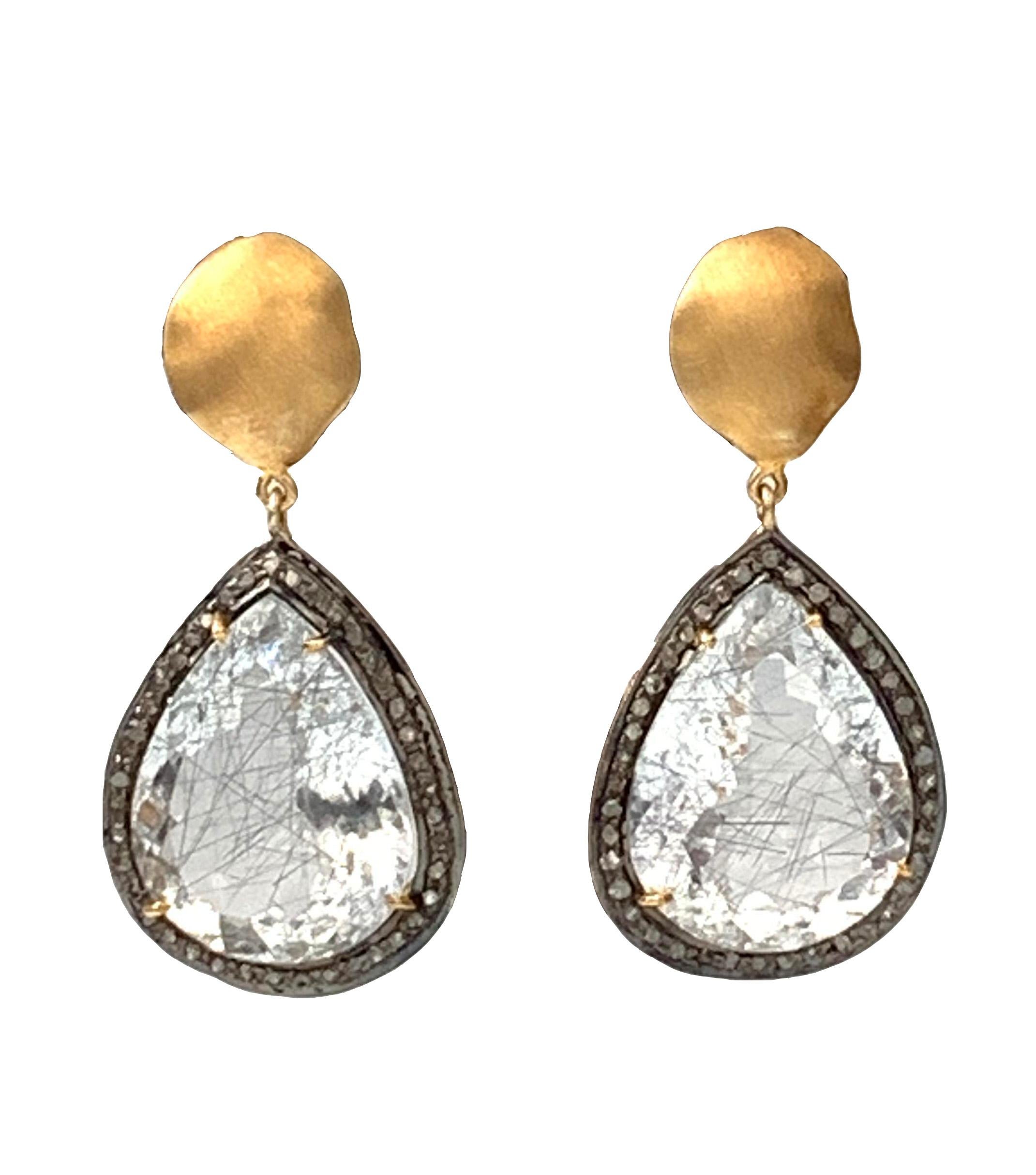 Beautiful One of a Kind Pear-shape Rutilated Quartz with Rough Diamond Drop Earrings. The top part is brushed satin finished showing matte looking. Bottom part is Pear shape Fine Rutilated Quartz is faceted cut, adorned with rough diamond, creating