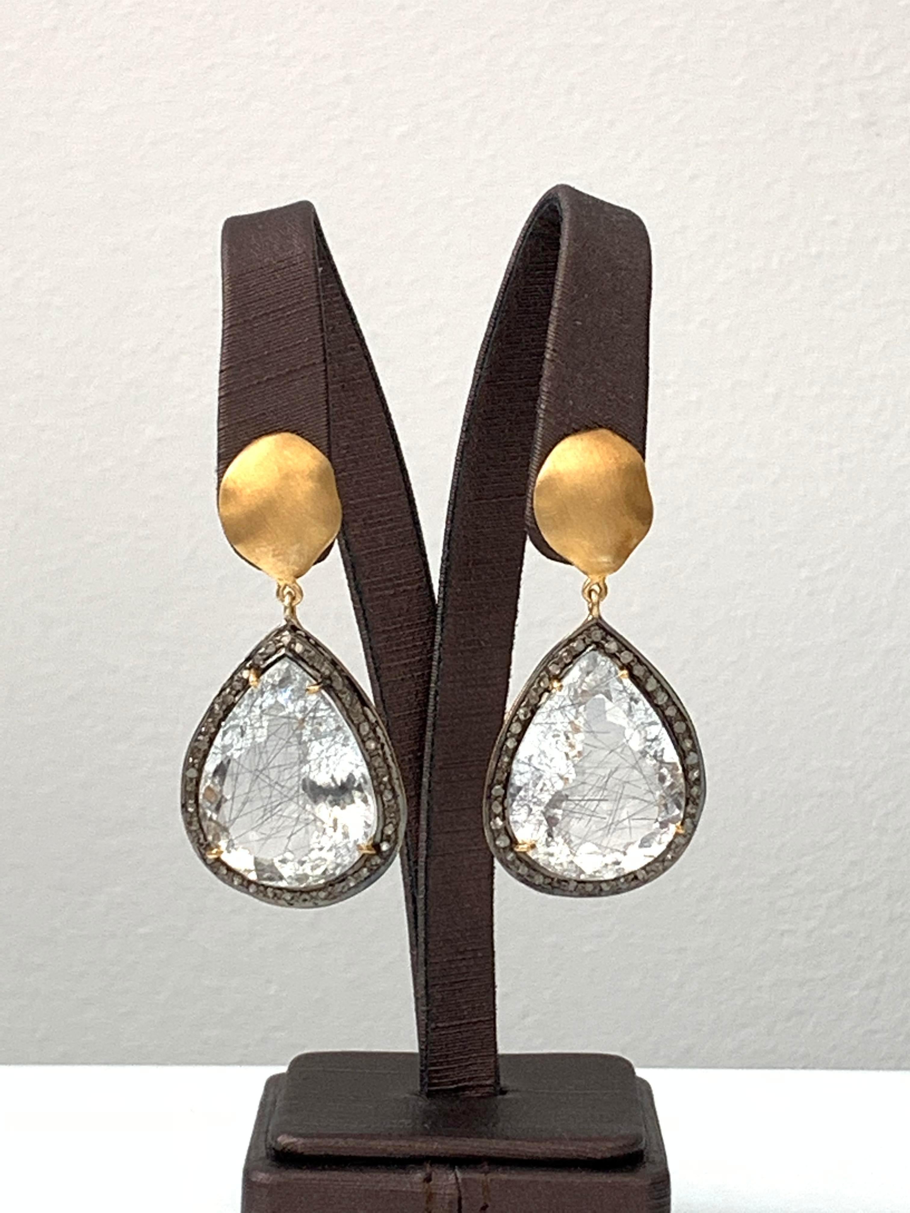 Contemporary Bijoux Num Pear Shape Rutilated Quartz with Rough Diamond Drop Earrings For Sale