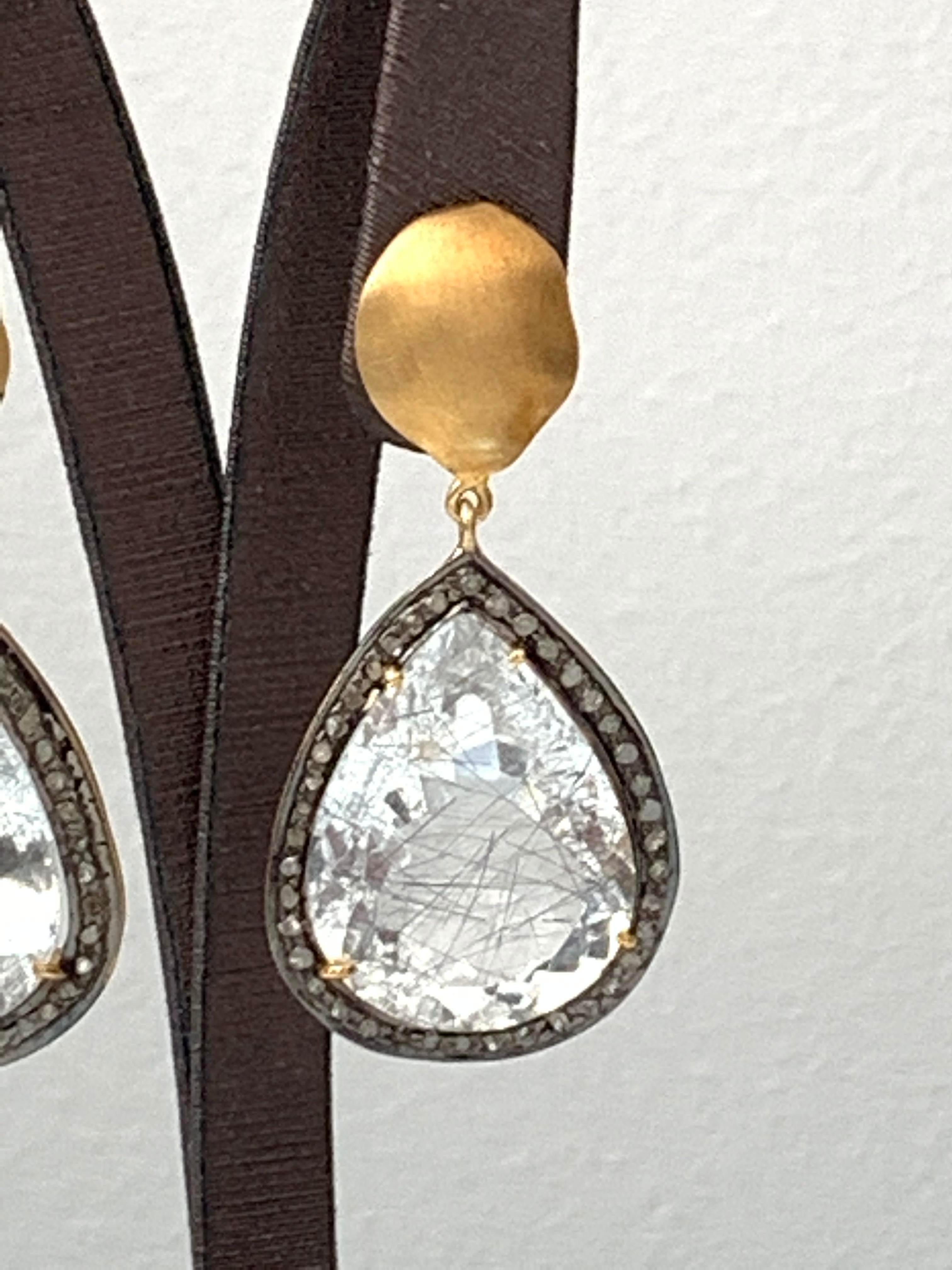 Pear Cut Bijoux Num Pear Shape Rutilated Quartz with Rough Diamond Drop Earrings For Sale
