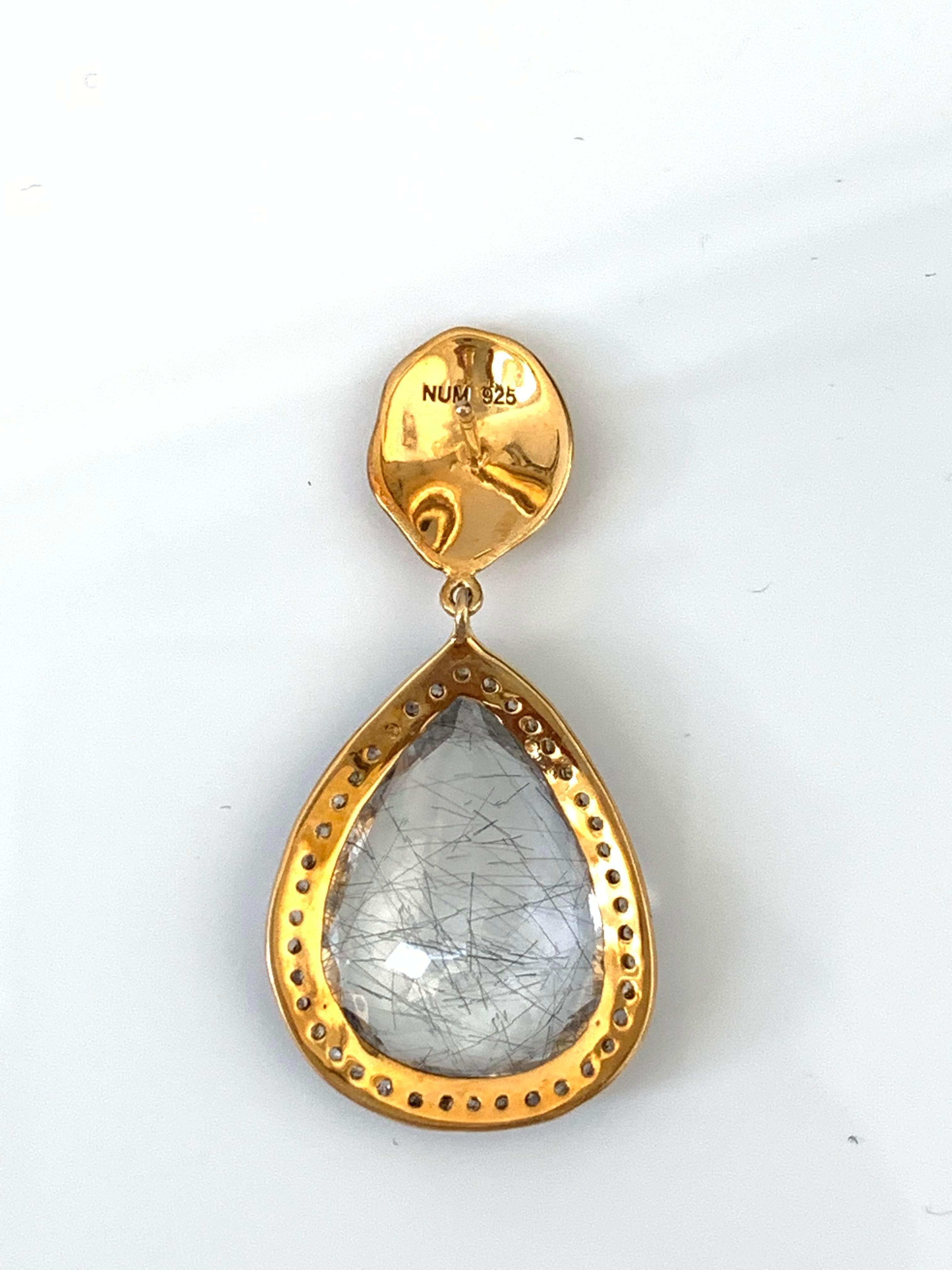 Bijoux Num Pear Shape Rutilated Quartz with Rough Diamond Drop Earrings In New Condition For Sale In Los Angeles, CA