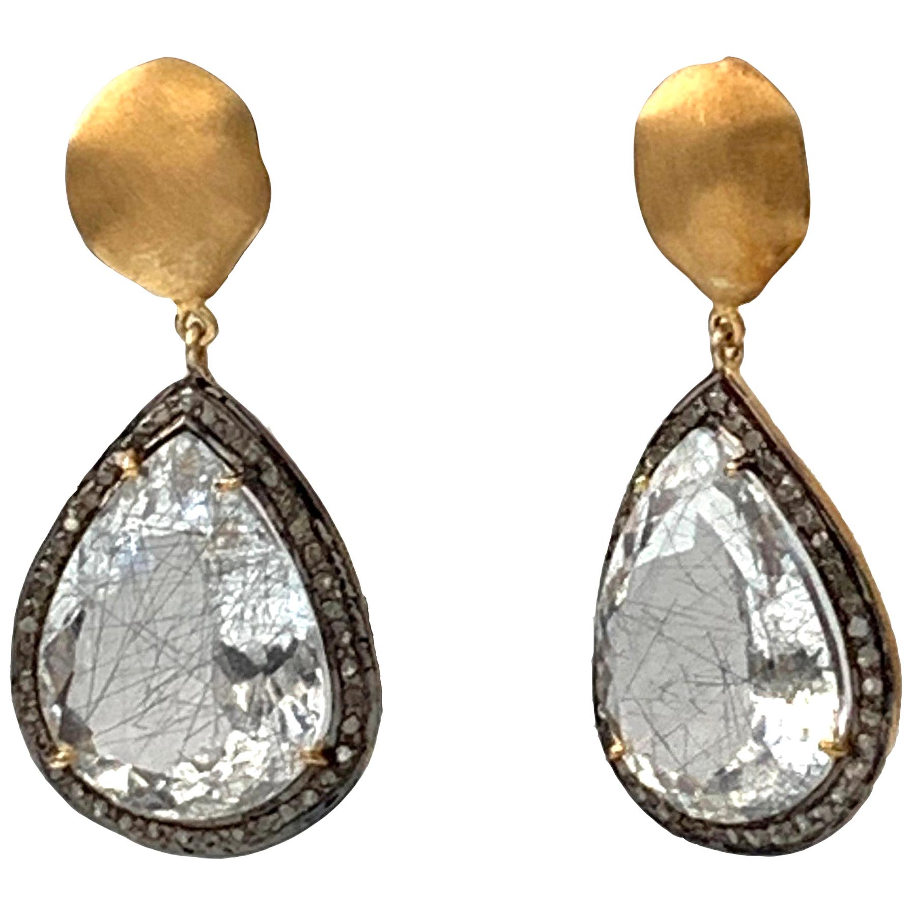 Bijoux Num Pear Shape Rutilated Quartz with Rough Diamond Drop Earrings For Sale