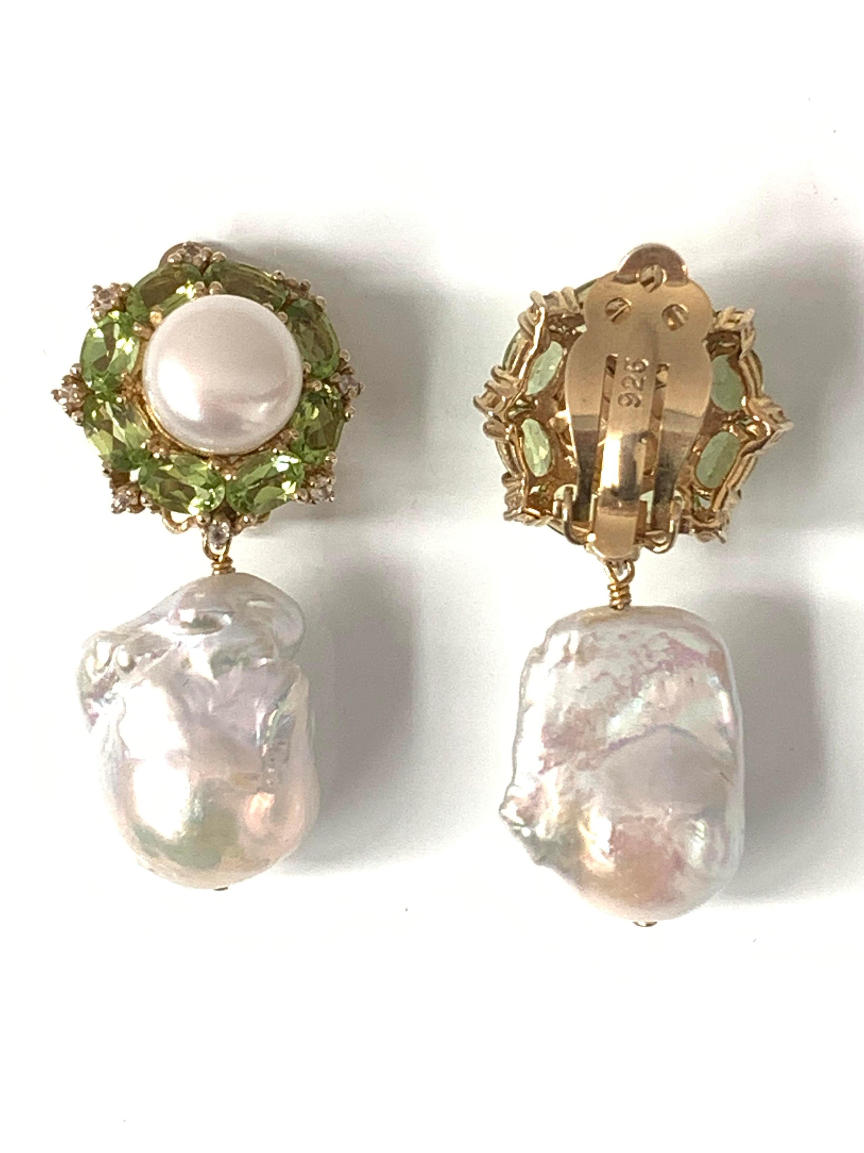 Contemporary Bijoux Num Pearl Peridot White Sapphire and Baroque Pearl Drop Earrings