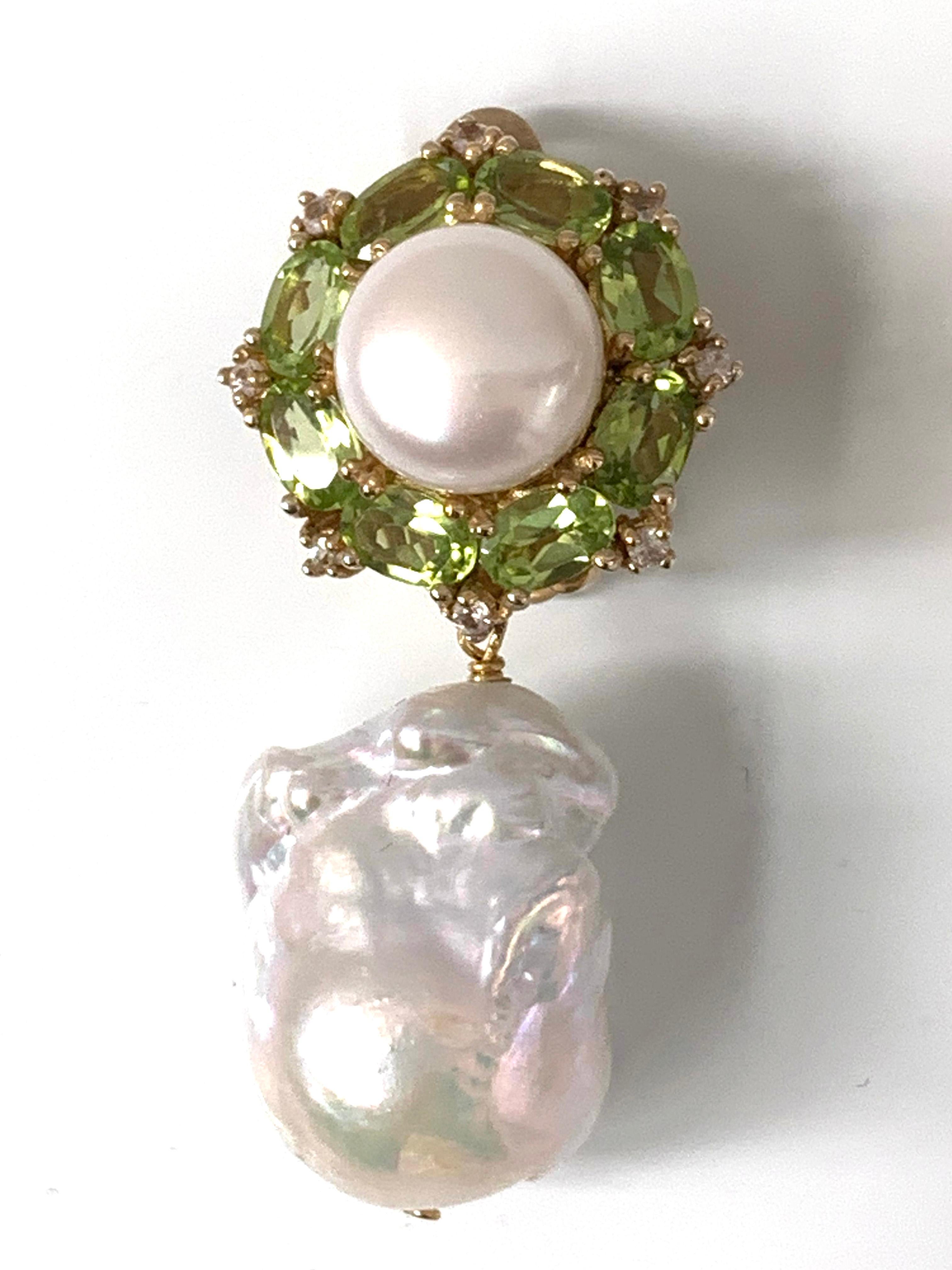 Bijoux Num Pearl Peridot White Sapphire and Baroque Pearl Drop Earrings In New Condition In Los Angeles, CA