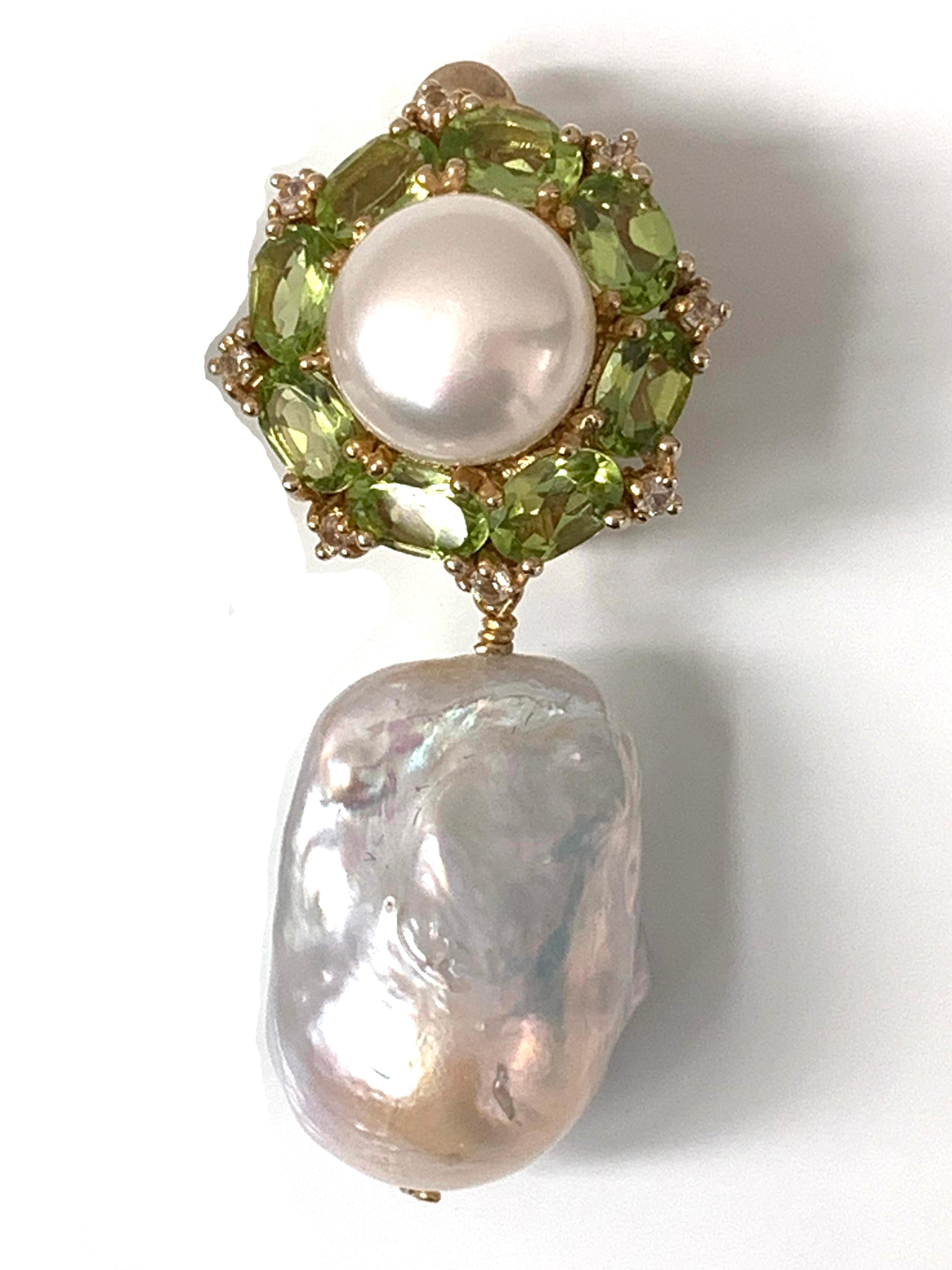 Women's Bijoux Num Pearl Peridot White Sapphire and Baroque Pearl Drop Earrings