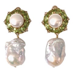 Bijoux Num Pearl Peridot White Sapphire and Baroque Pearl Drop Earrings