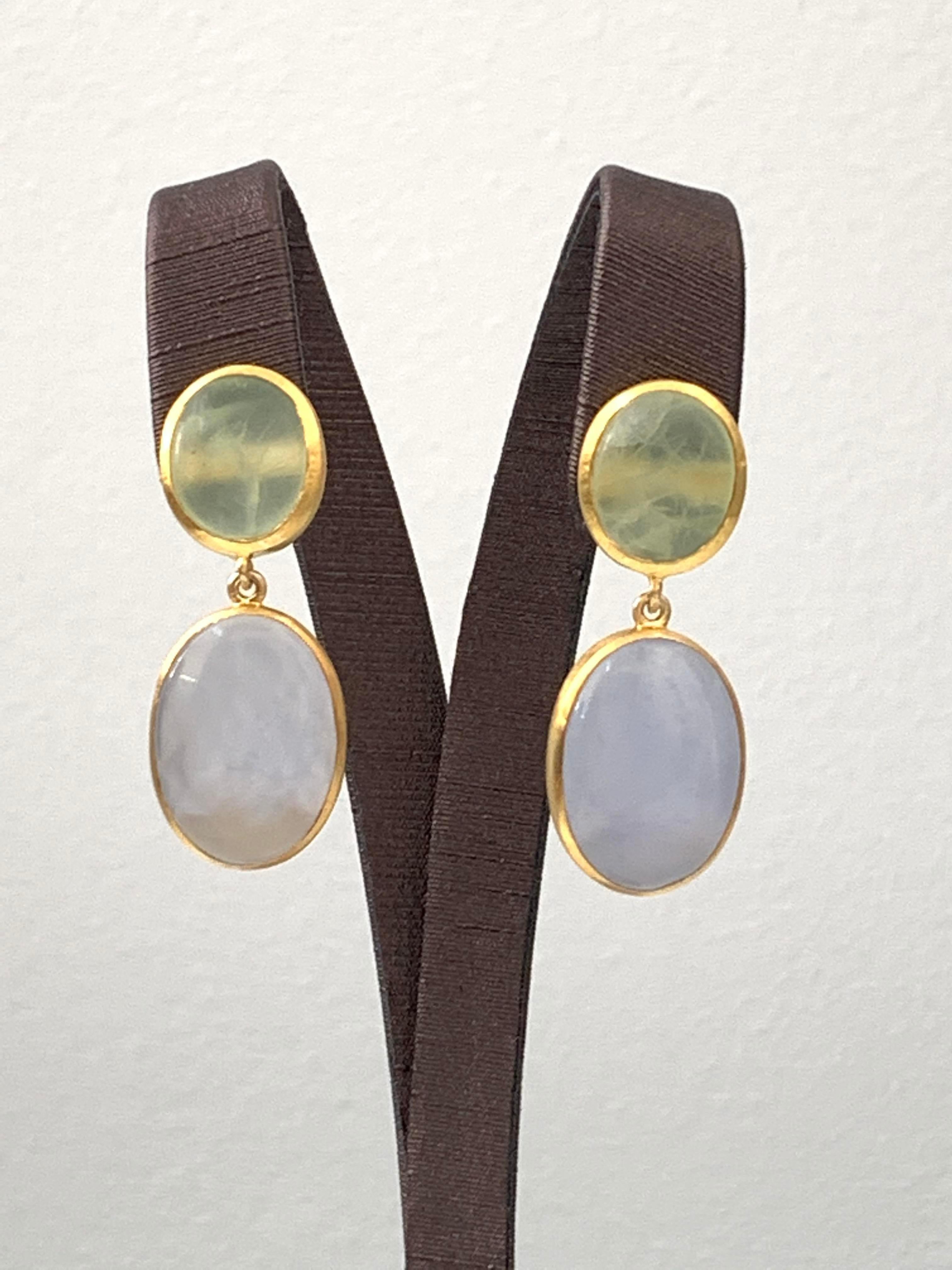 Discover double oval cabochon-cut Prehnite and Chalcedony Vermeil Dangle Earrings. . Hand set in 18k gold plated sterling silver. Straight post with large earrings back for comfort and safety. 1.5