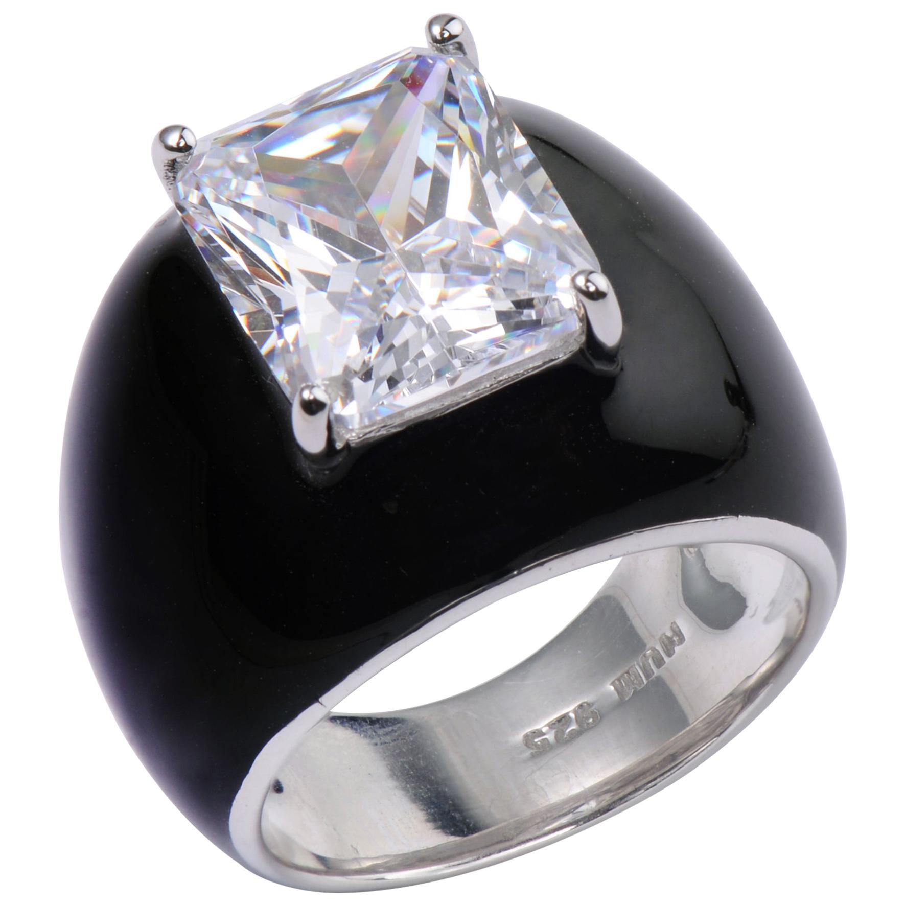 Bijoux Num Sterling Silver 6.5ct Faux Diamond Black Enamel Bombe Dome Ring