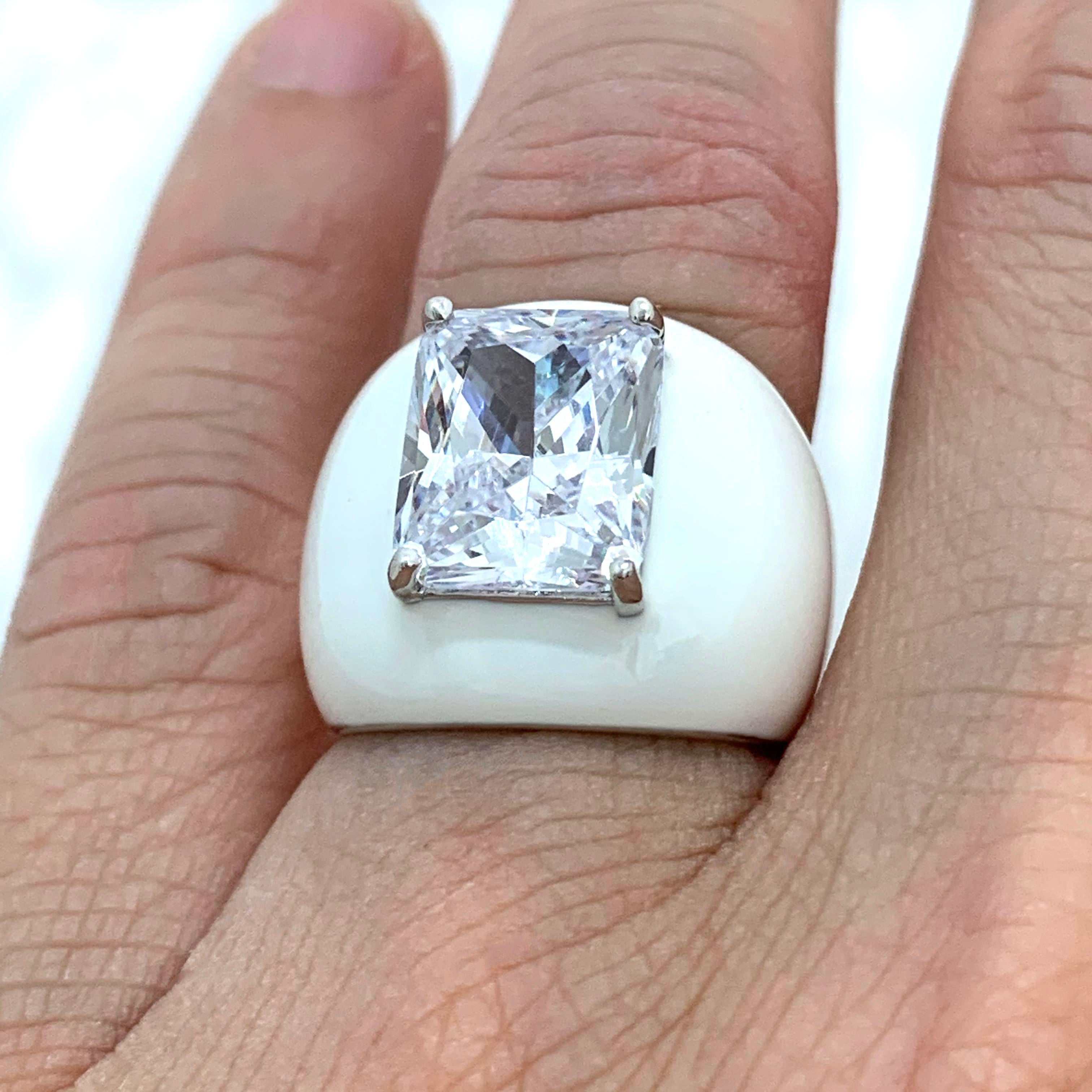 Radiant Cut Bijoux Num Sterling Silver 6.5ct Faux Diamond White Enamel Bombe Dome Ring