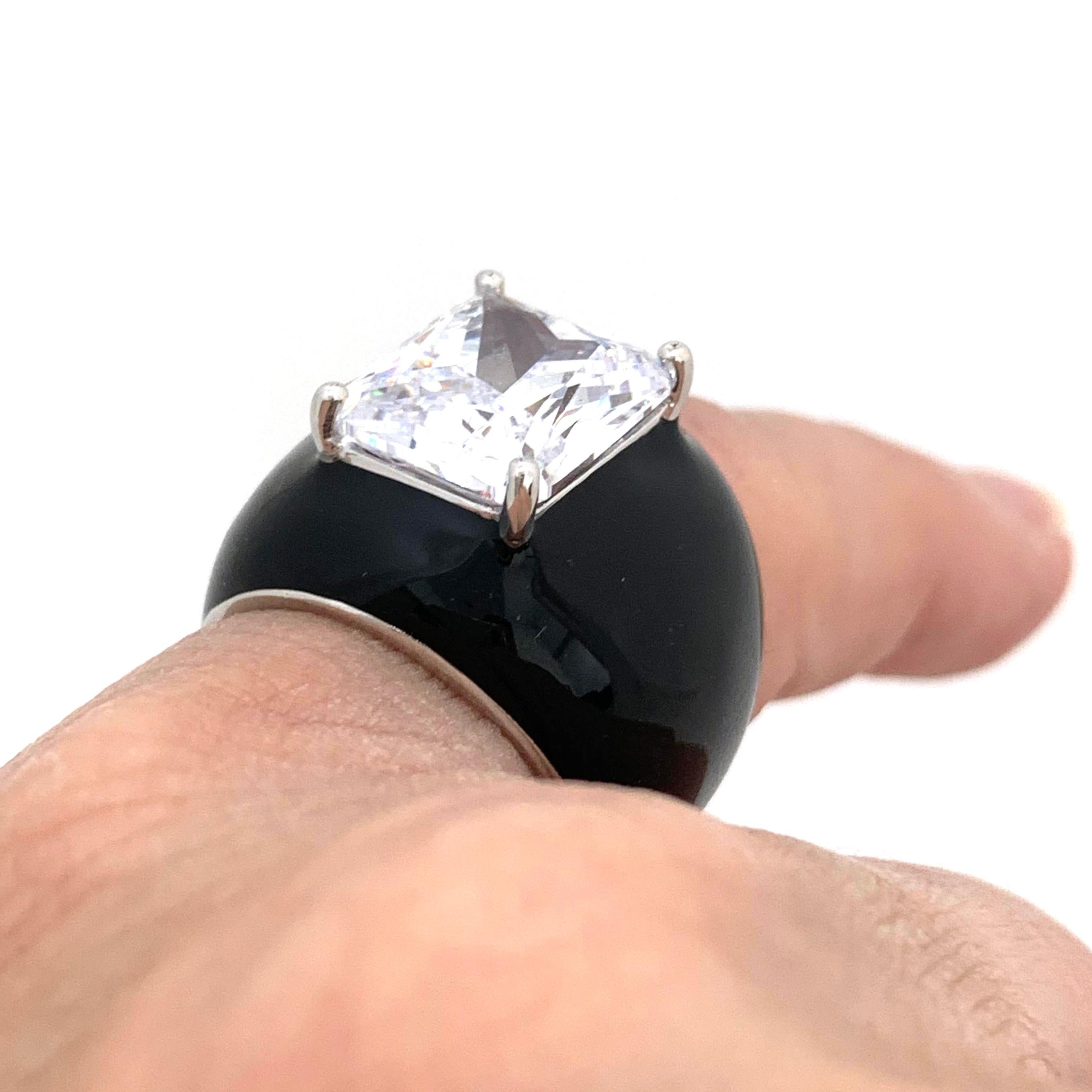 Emerald Cut Bijoux Num Sterling Silver 6.5ct Simulated Diamond Black Enamel Bombe Dome Ring