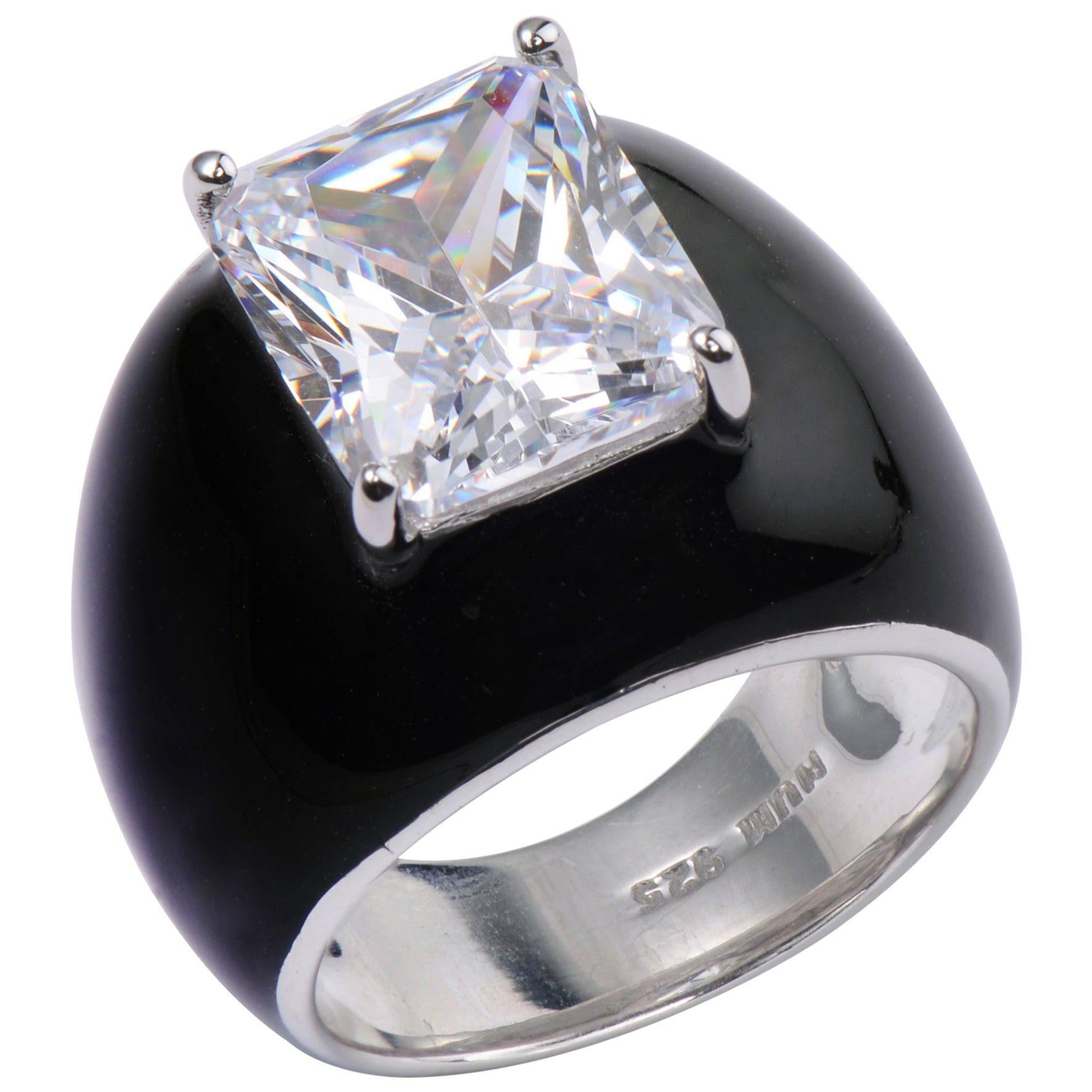 Kuppelring aus Sterlingsilber mit 6,5 Karat abgebildetem Diamant und schwarzer Emaille von Guilloux Num