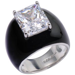 Bijoux Num Bague dôme bombée en argent sterling avec émail noir simulé et diamants 6,5 carats