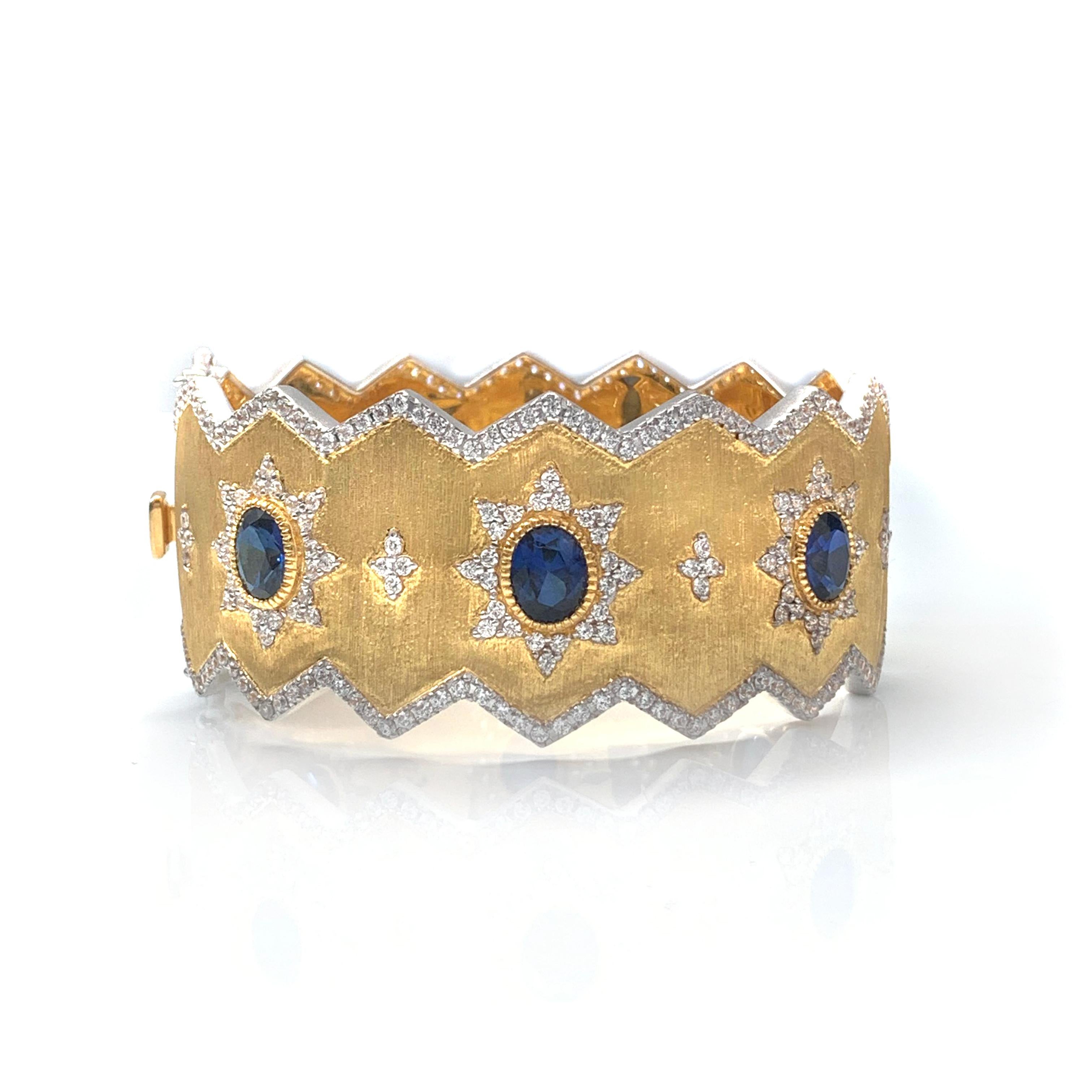 Fabulous Bijoux Num sterling silver lab-sapphire vermeil wide cuff bracelet. This bracelet features 6 oval lab-created sapphires (top quality) adorned with over 450 pcs of round faux diamond cubic zirconia (CZ), handcrafted Italian 