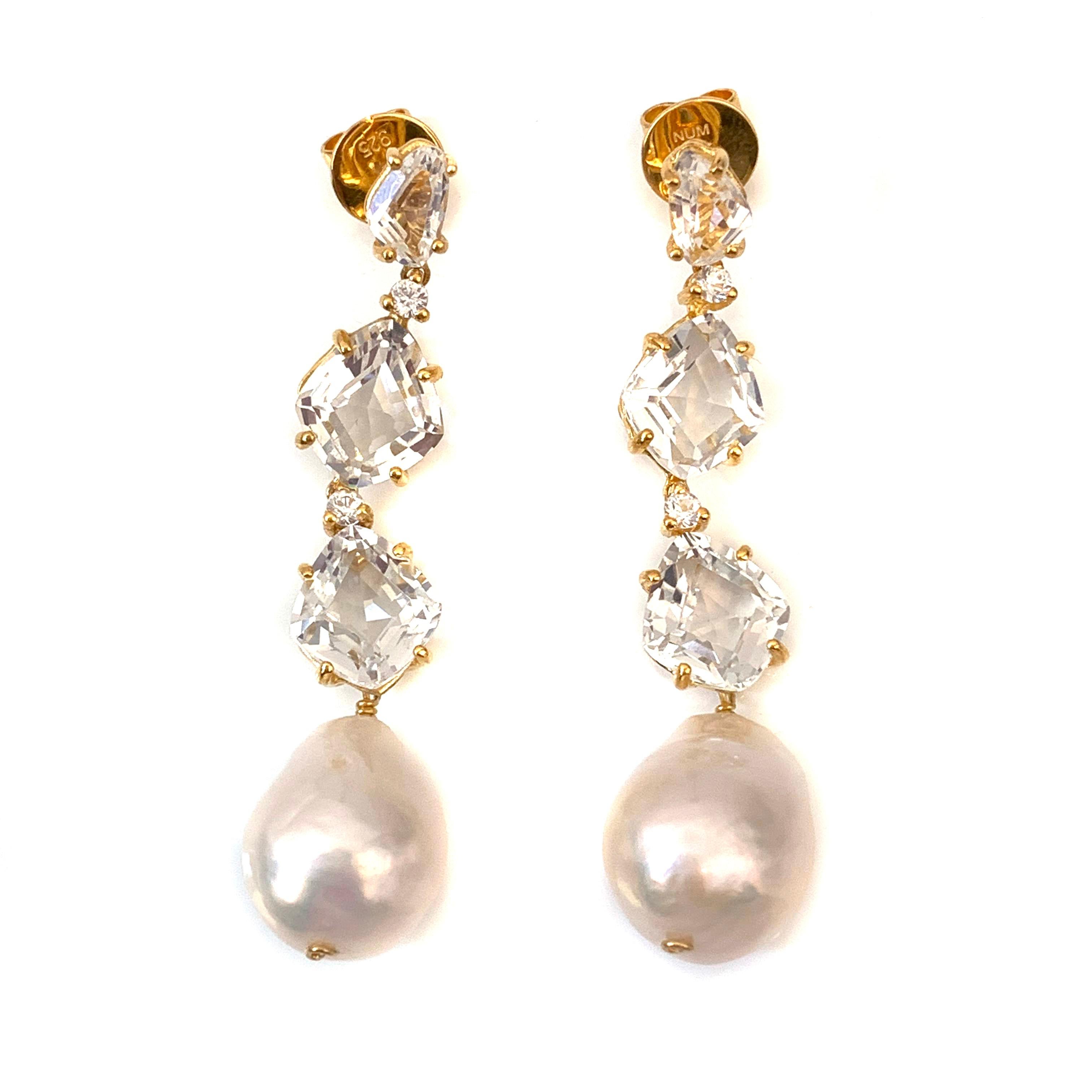 Contemporary Bijoux Num White Topaz and Baroque Pearl Elongate Dangle Earrings