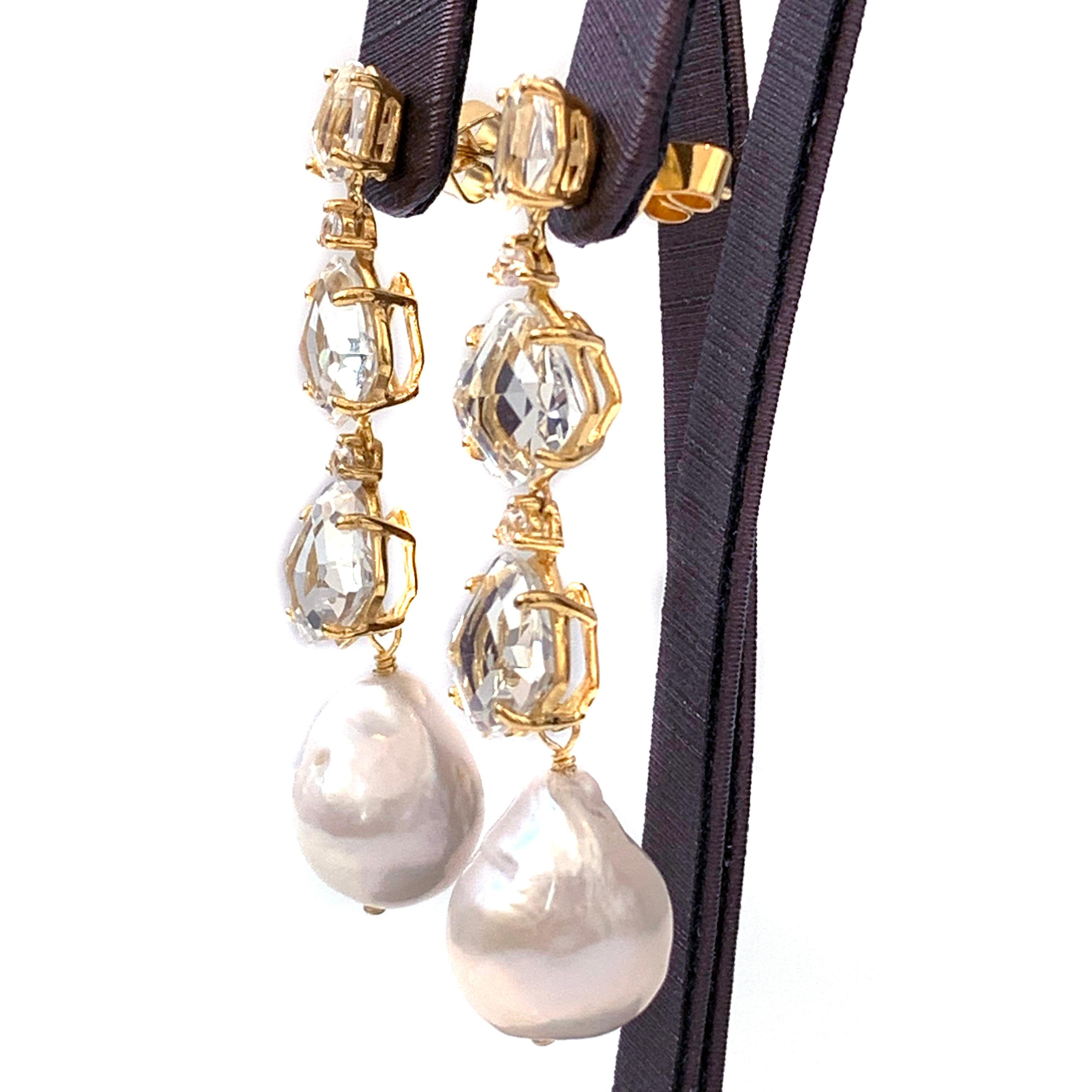 Mixed Cut Bijoux Num White Topaz and Baroque Pearl Elongate Dangle Earrings