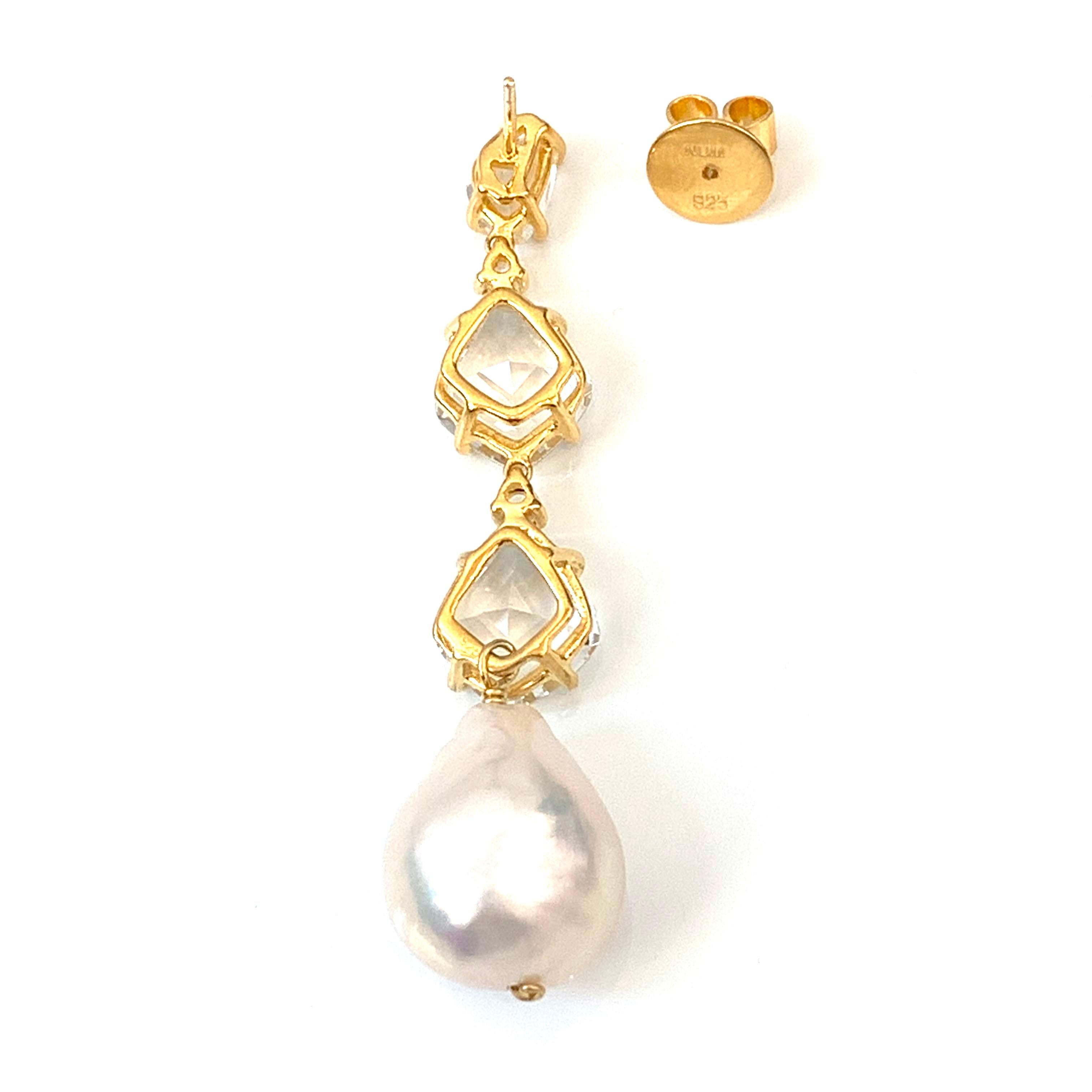 Bijoux Num White Topaz and Baroque Pearl Elongate Dangle Earrings In New Condition In Los Angeles, CA