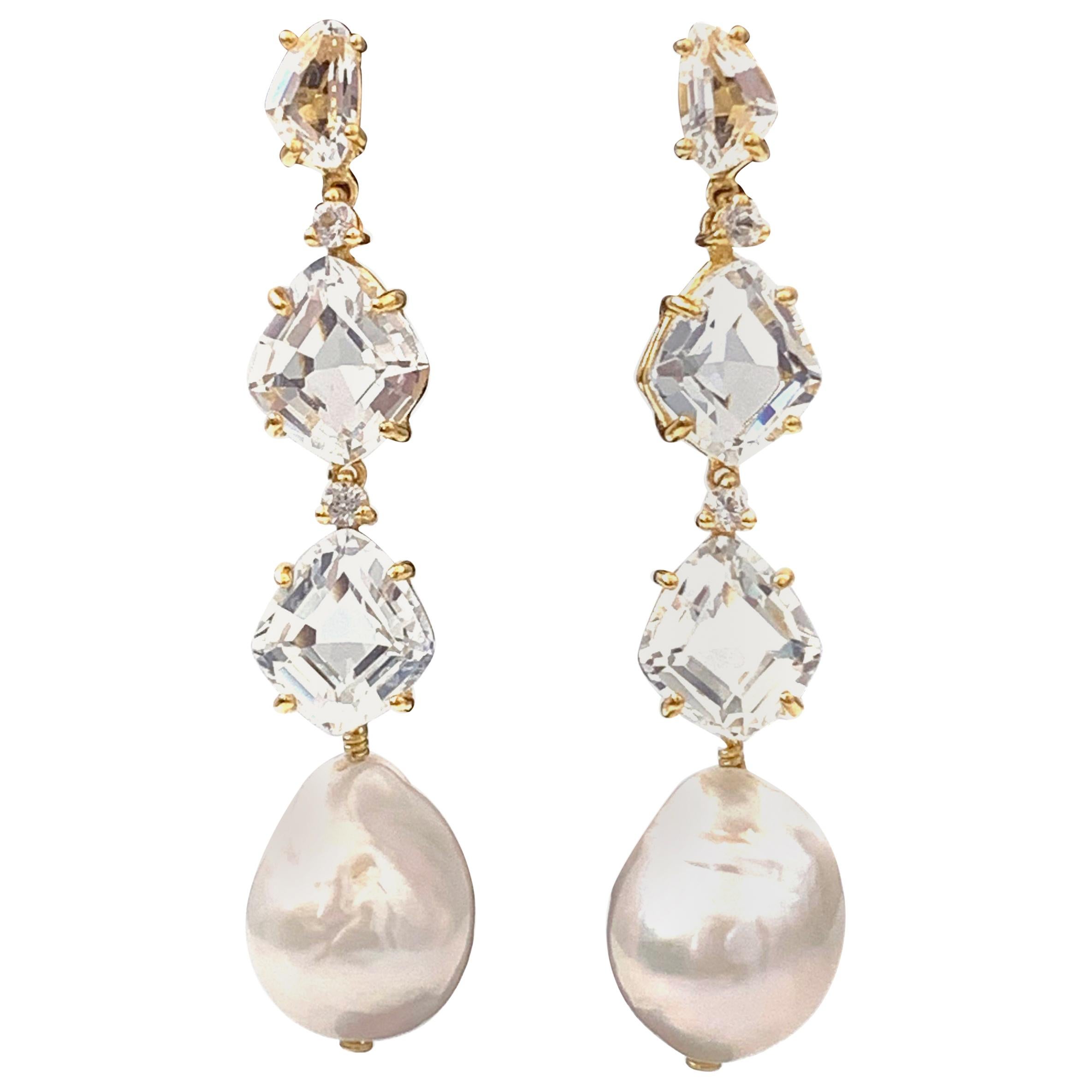 Bijoux Num White Topaz and Baroque Pearl Elongate Dangle Earrings