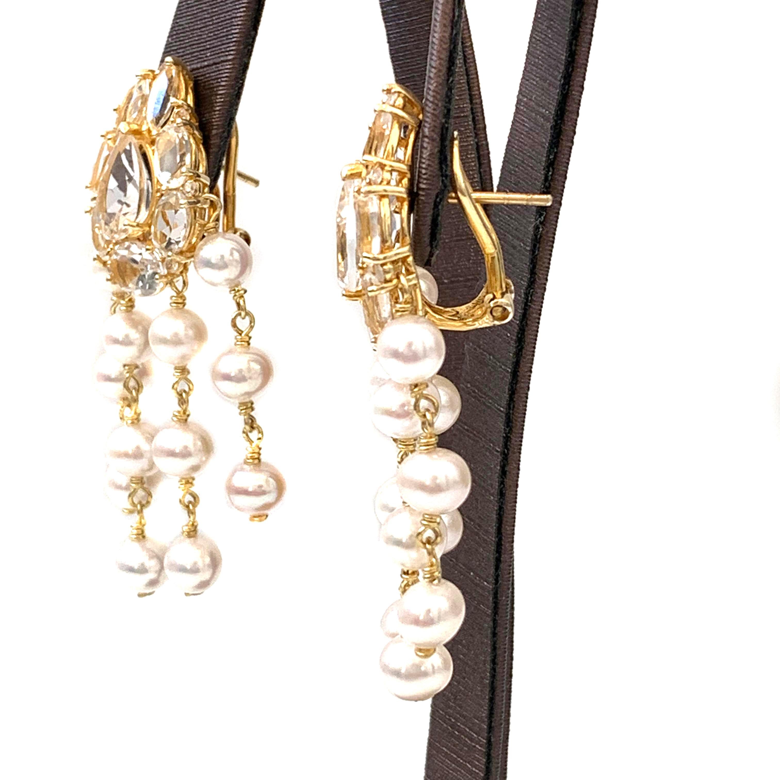 Contemporary Bijoux Num Clustered White Topaz and Pearl Dangle Earrings