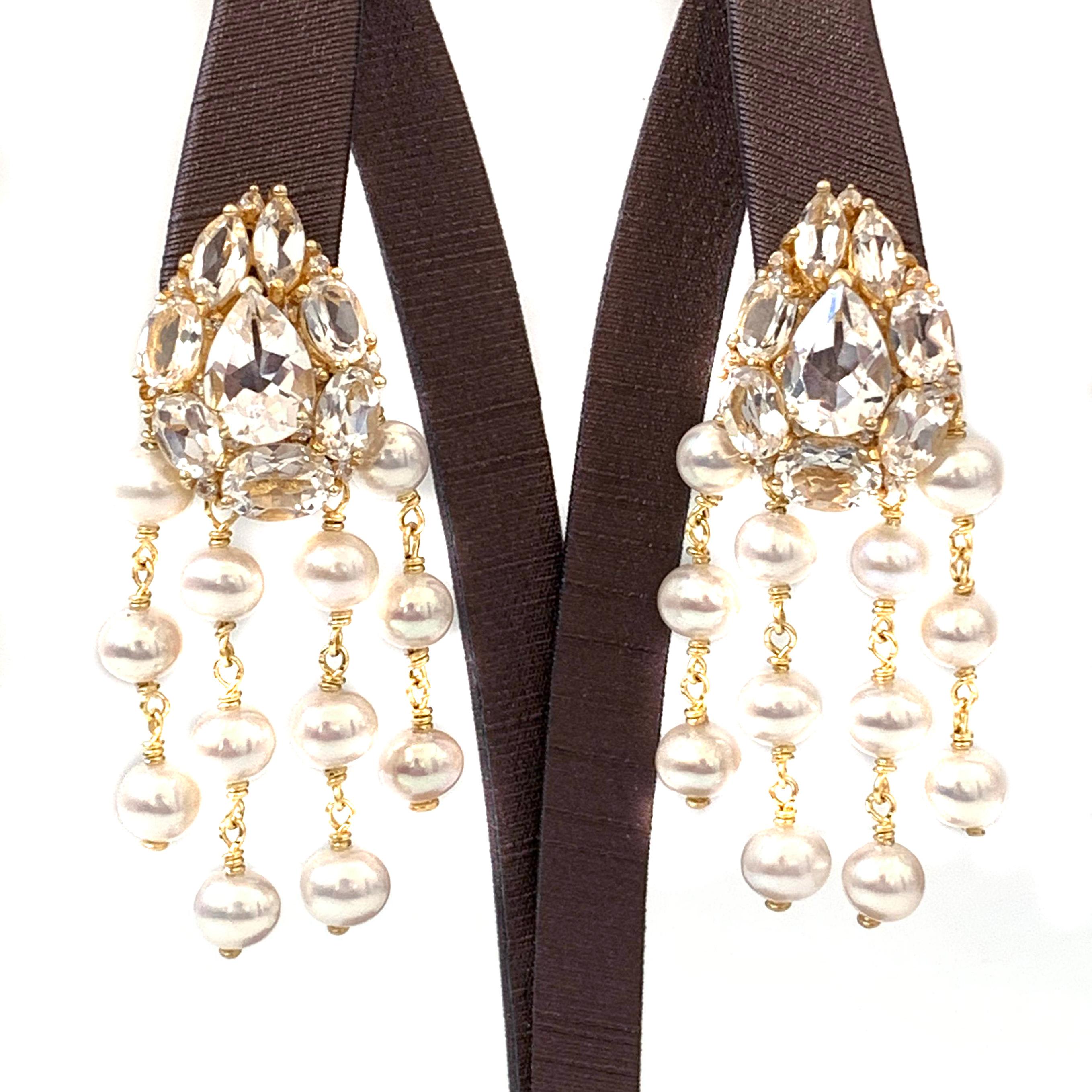 Bijoux Num Clustered White Topaz and Pearl Dangle Earrings In New Condition In Los Angeles, CA